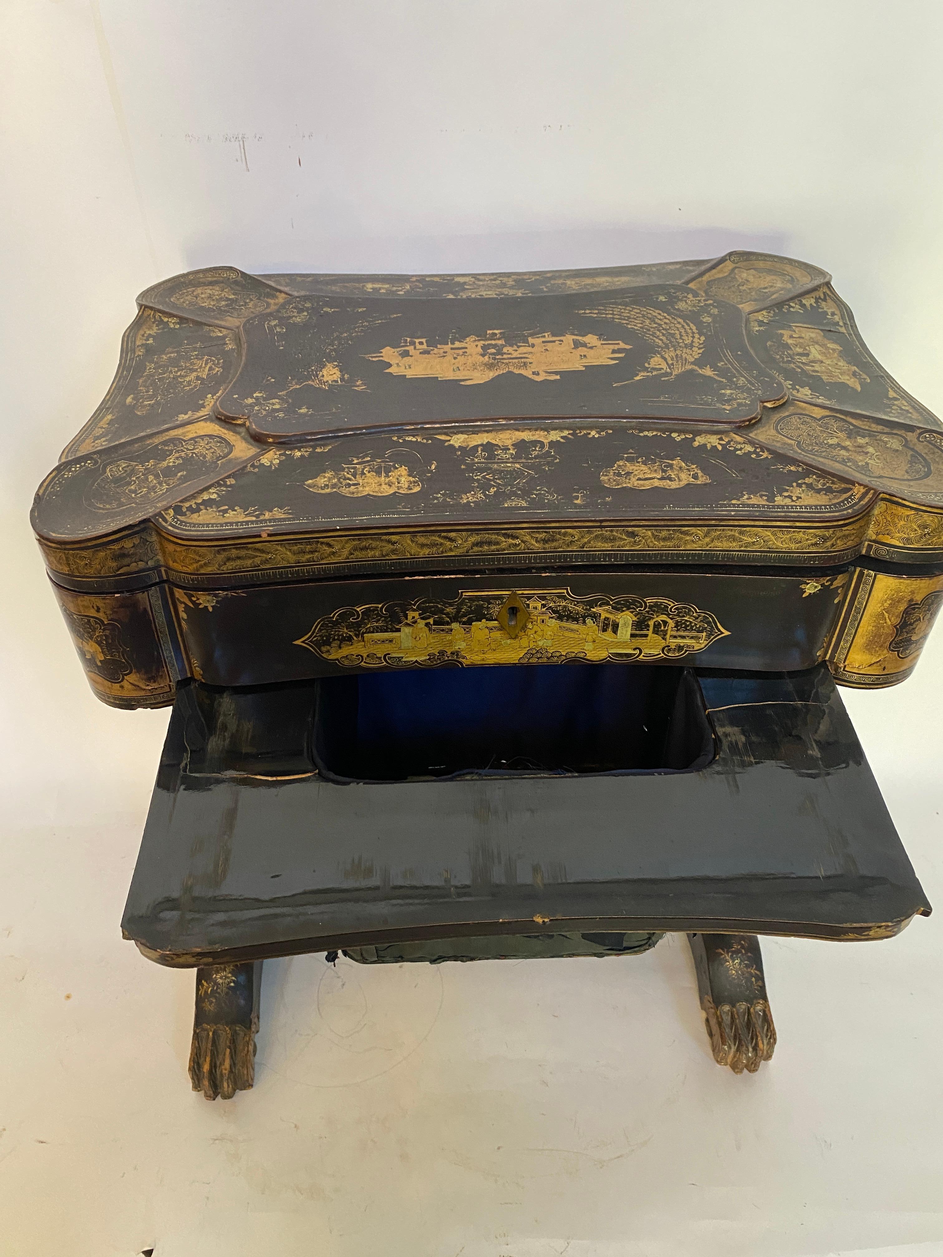Antique 19th Century Chinese Lacquer Sewing Box with the Stand For Sale 1