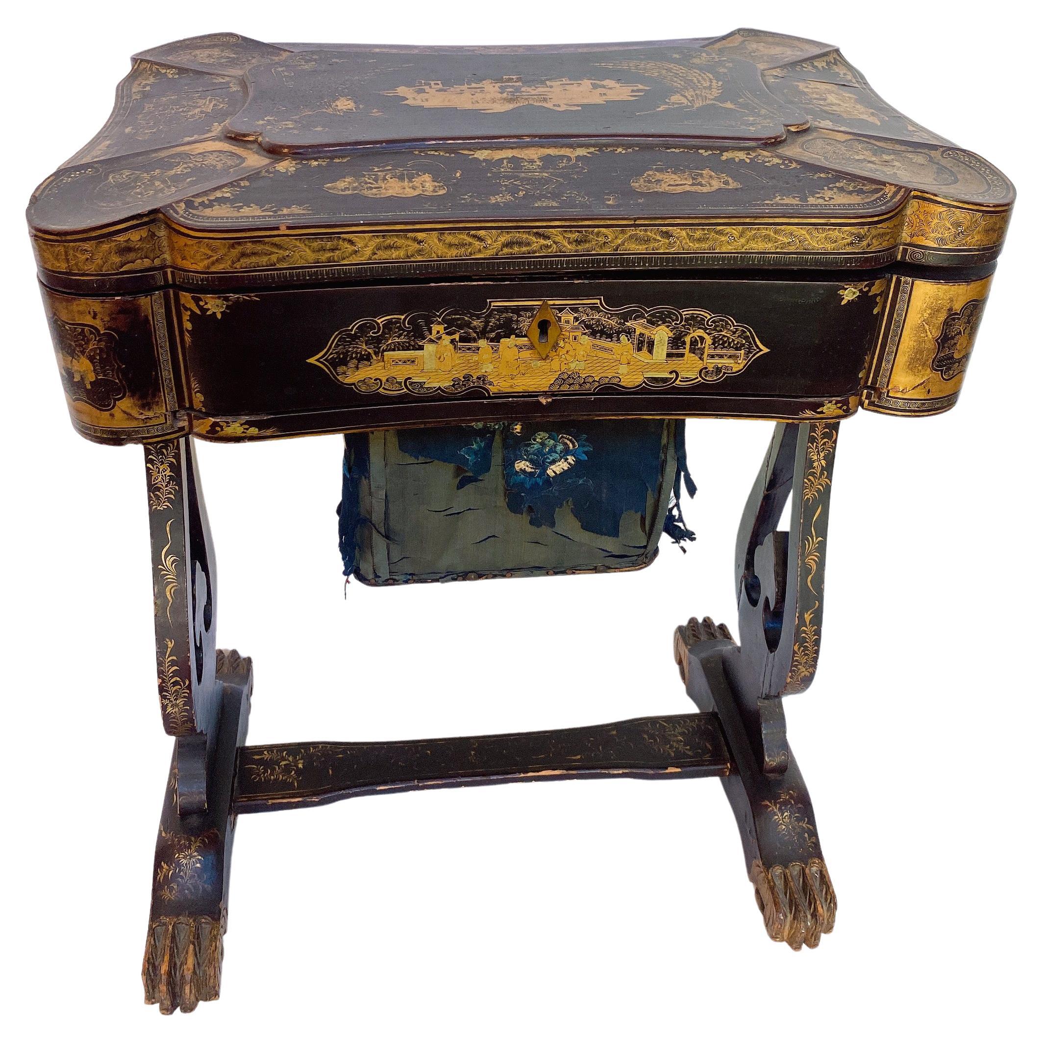 Antique 19th Century Chinese Lacquer Sewing Box with the Stand For Sale