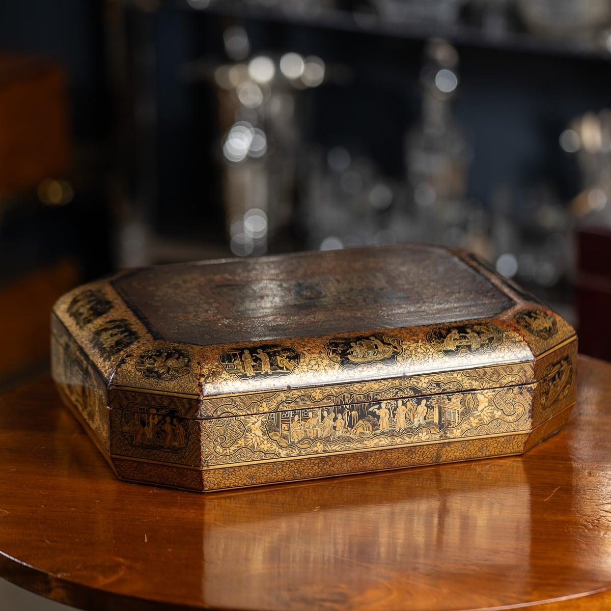 A superb and very rare 19th Century Chinese lacquered games box, dating to around 1890. Decorated with intricate traditional scenes and a finely detailed floral pattern throughout the box. Inside, it houses original card trays inside their own