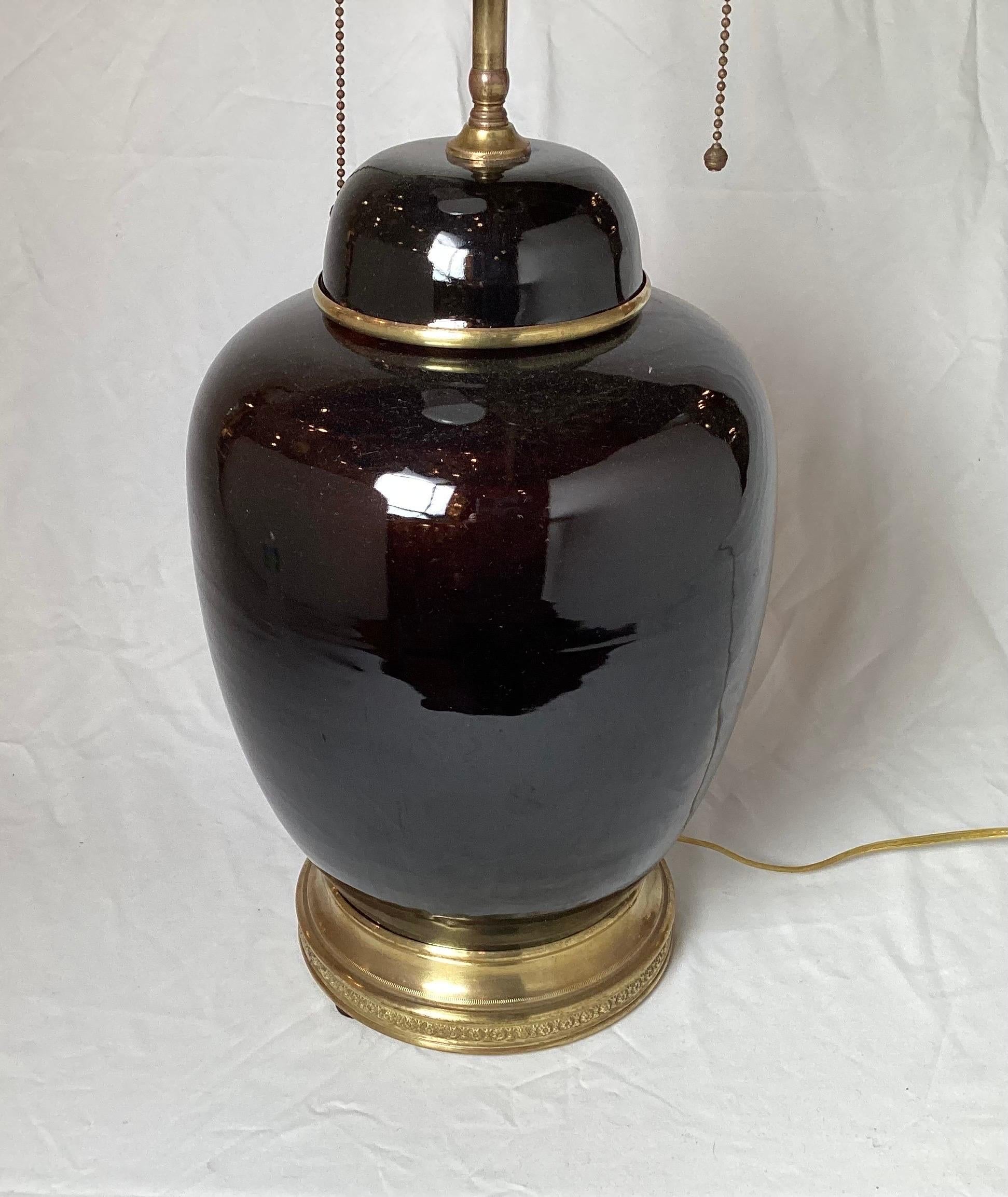 Antique 19th Century Chinese Mirror Black Porcelain Jar Lamp In Excellent Condition For Sale In Lambertville, NJ