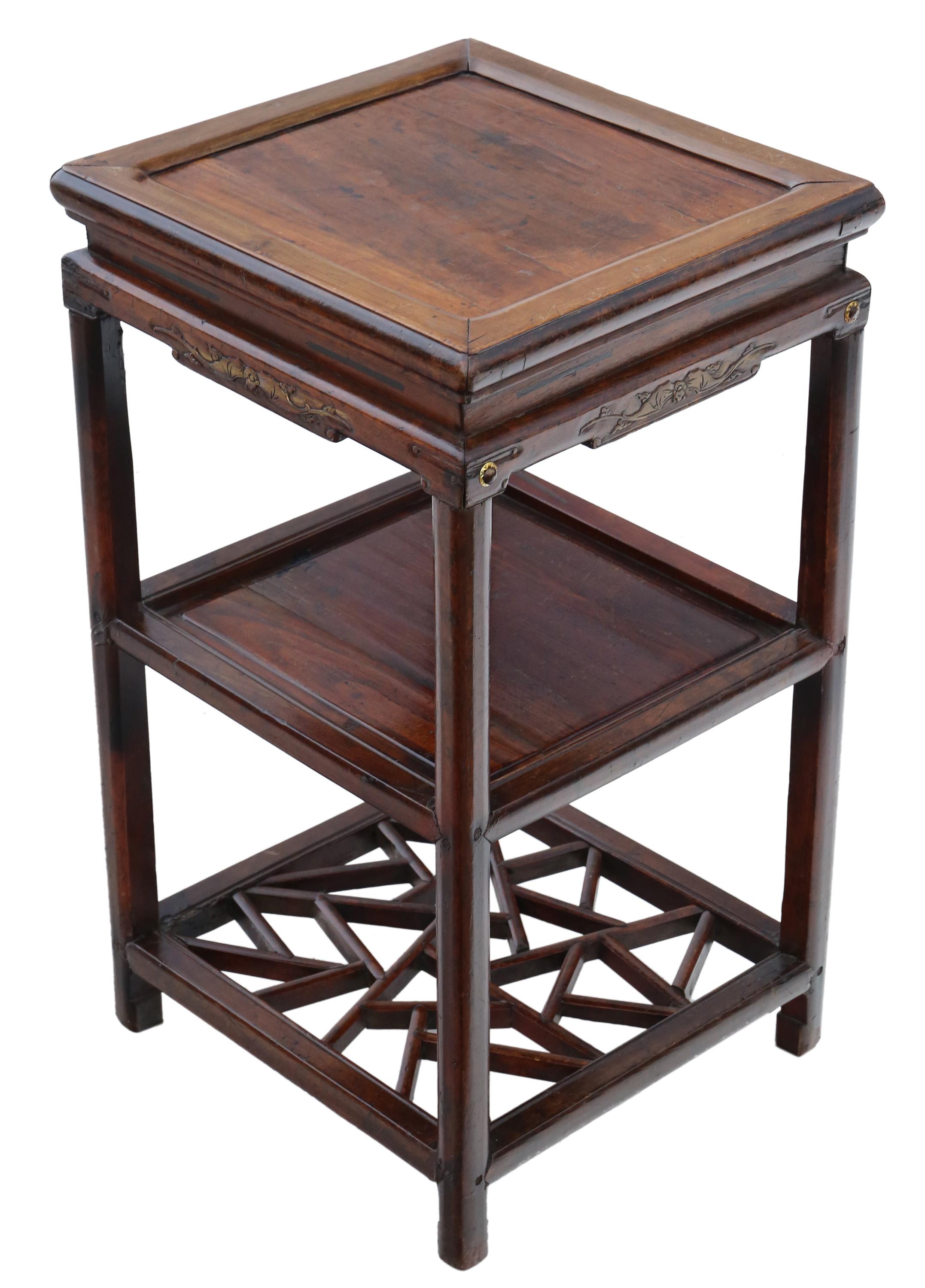 Antique 19th Century Chinese oriental elm side occasional table, vase, plant or statue pedestal stand.

Solid with no loose joints. A charming table that is full of age and character, minor historic distortion which adds to the charm..

Good colour