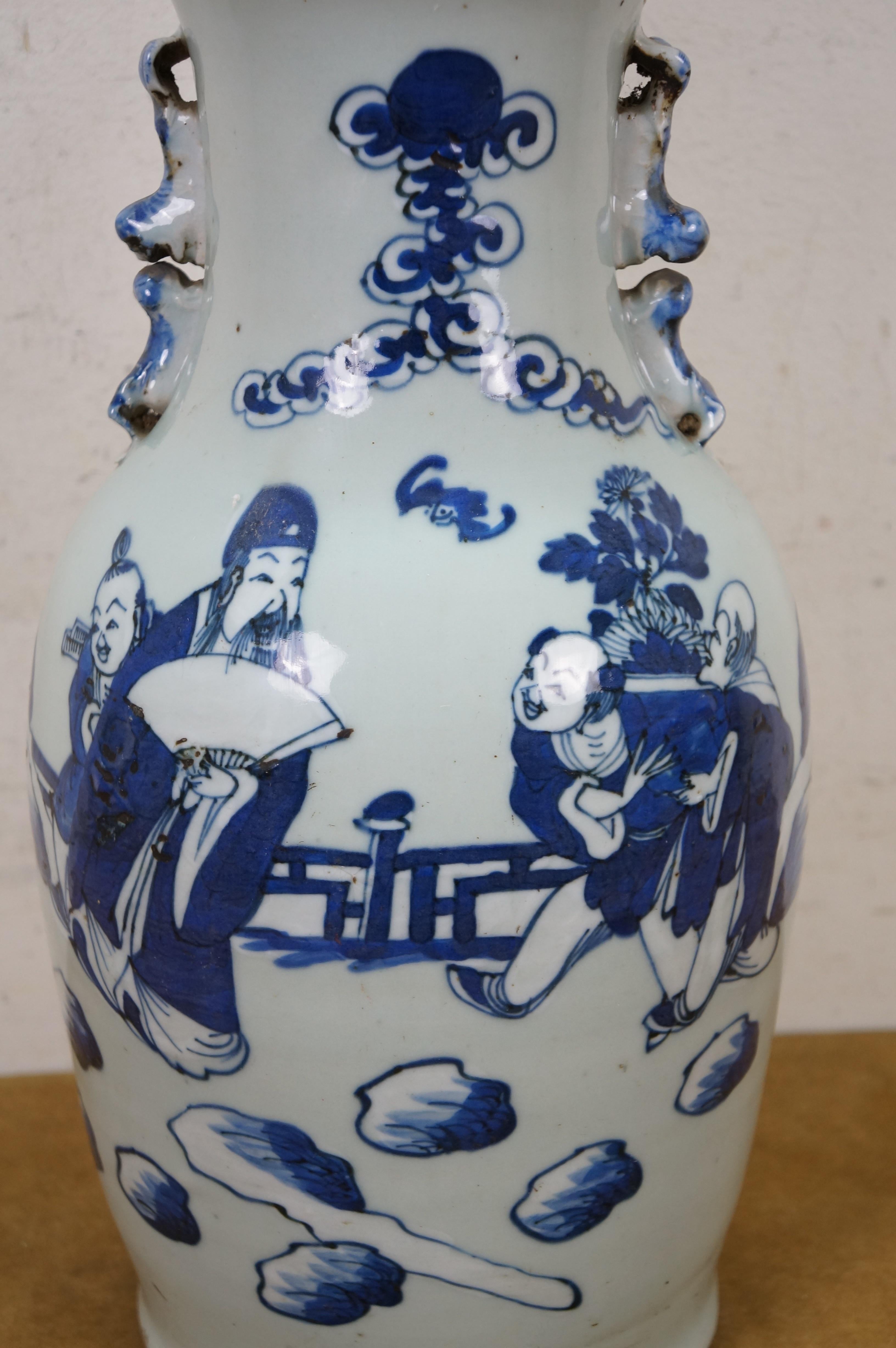 Antike 19. Jahrhundert Chinesisch Qing Blau & Weiß Porzellan Mantel Vase Urne 17