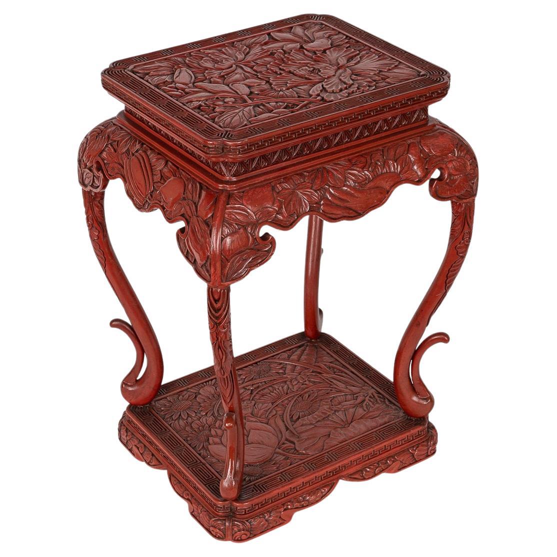 Antique 19th Century Chinese Red Cinnabar Lacquer Floral Pedestal c.1880 For Sale