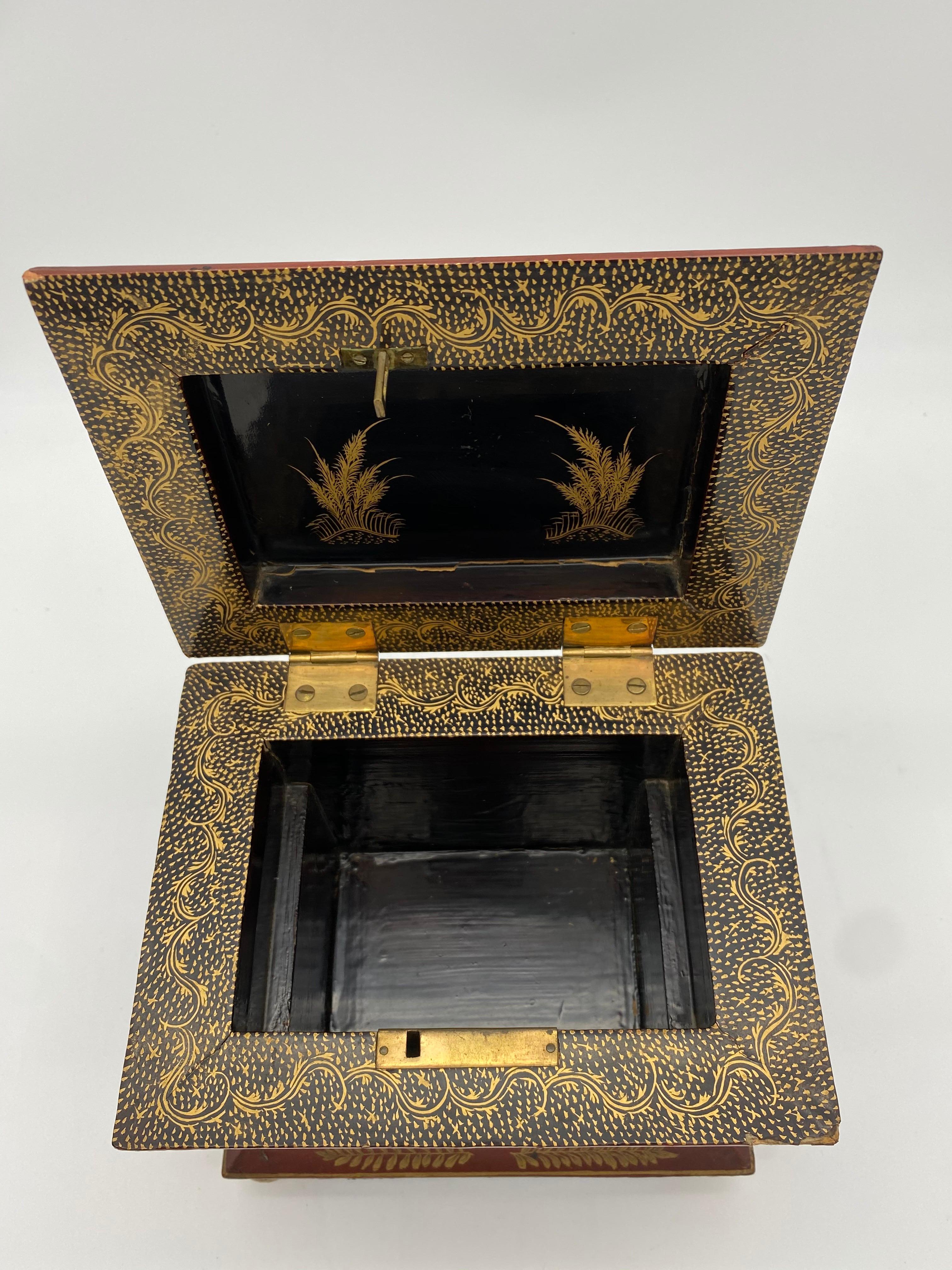 Antique 19th Century Chinese Red Gold Black Lacquer Jewelry Box 1