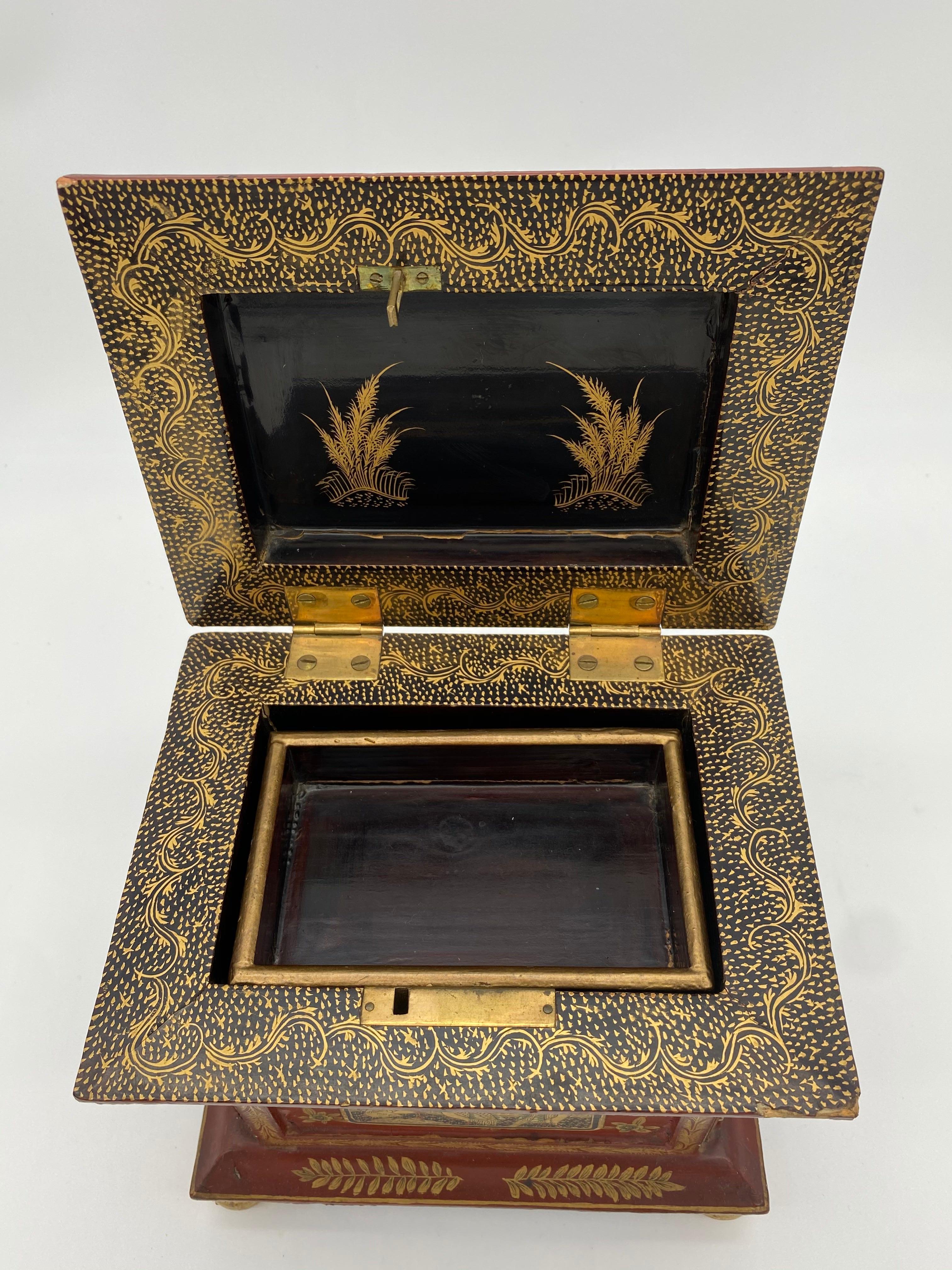 Antique 19th Century Chinese Red Gold Black Lacquer Jewelry Box 2