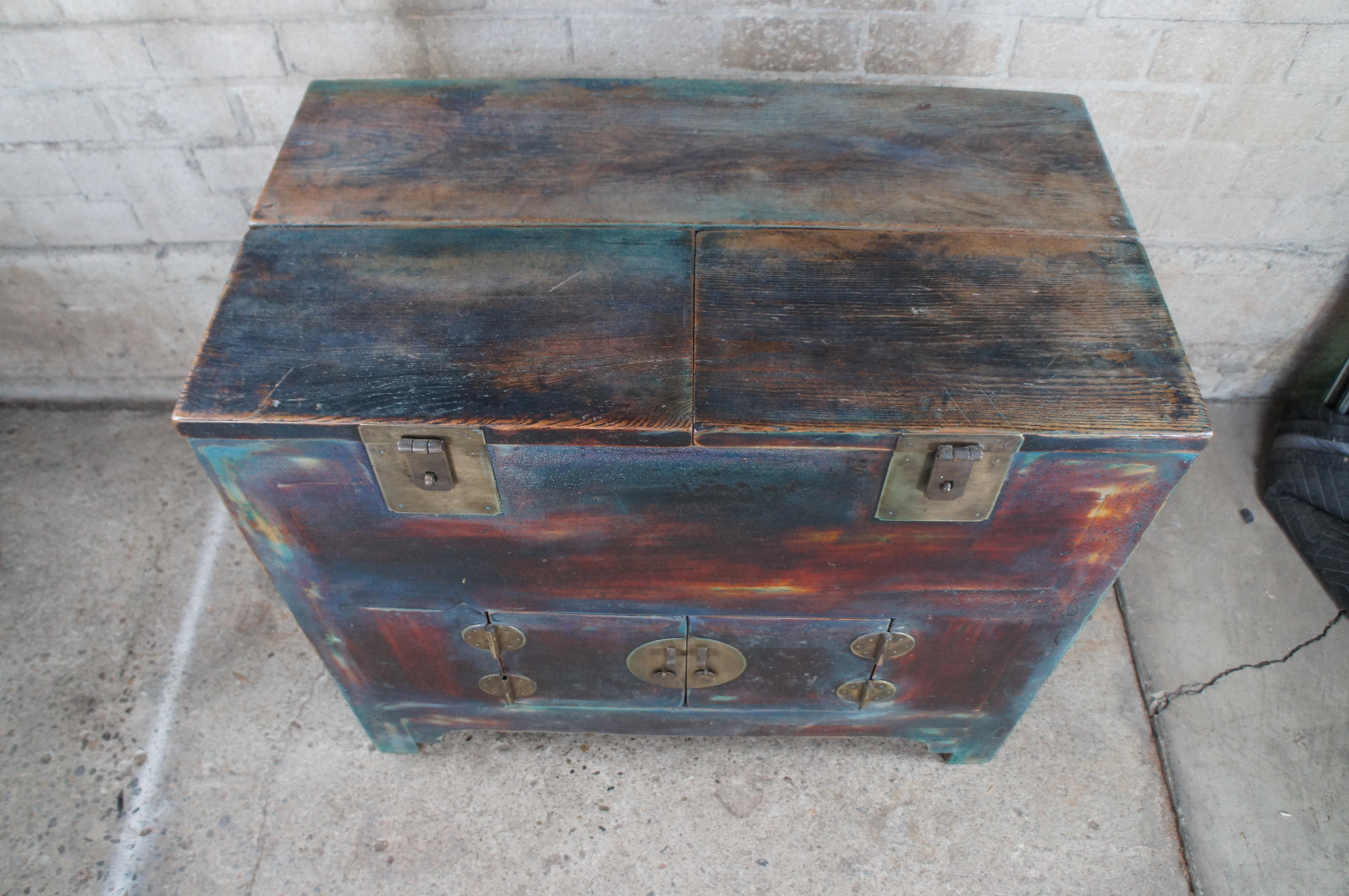 Late 19th Century Antique 19th Century Chinese Shandong Ming Style Elm Painted Money Trunk Chest For Sale