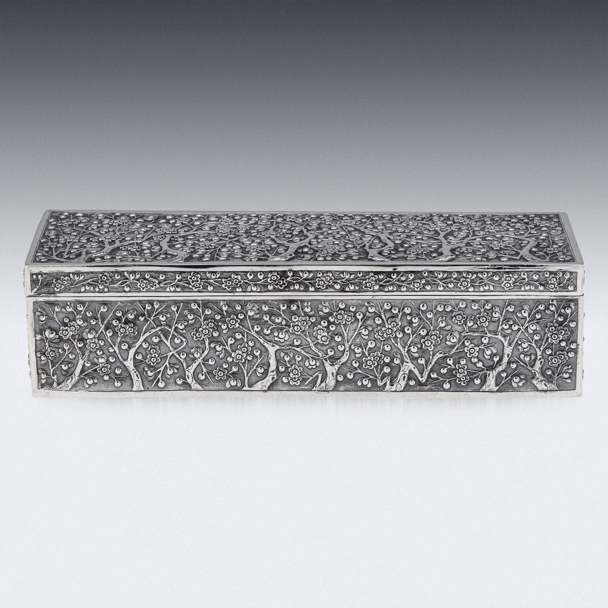 Chinese Export Antique 19th Century Chinese Silver Cherry Blossom Box, Wang Hing 1890 For Sale