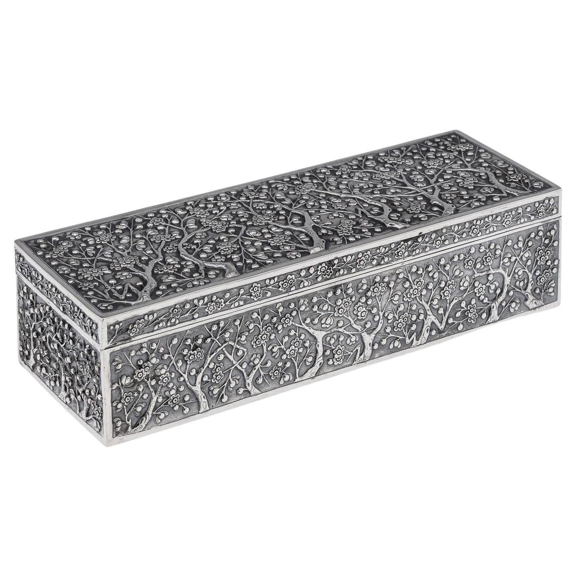 Antique 19th Century Chinese Silver Cherry Blossom Box, Wang Hing 1890 For Sale