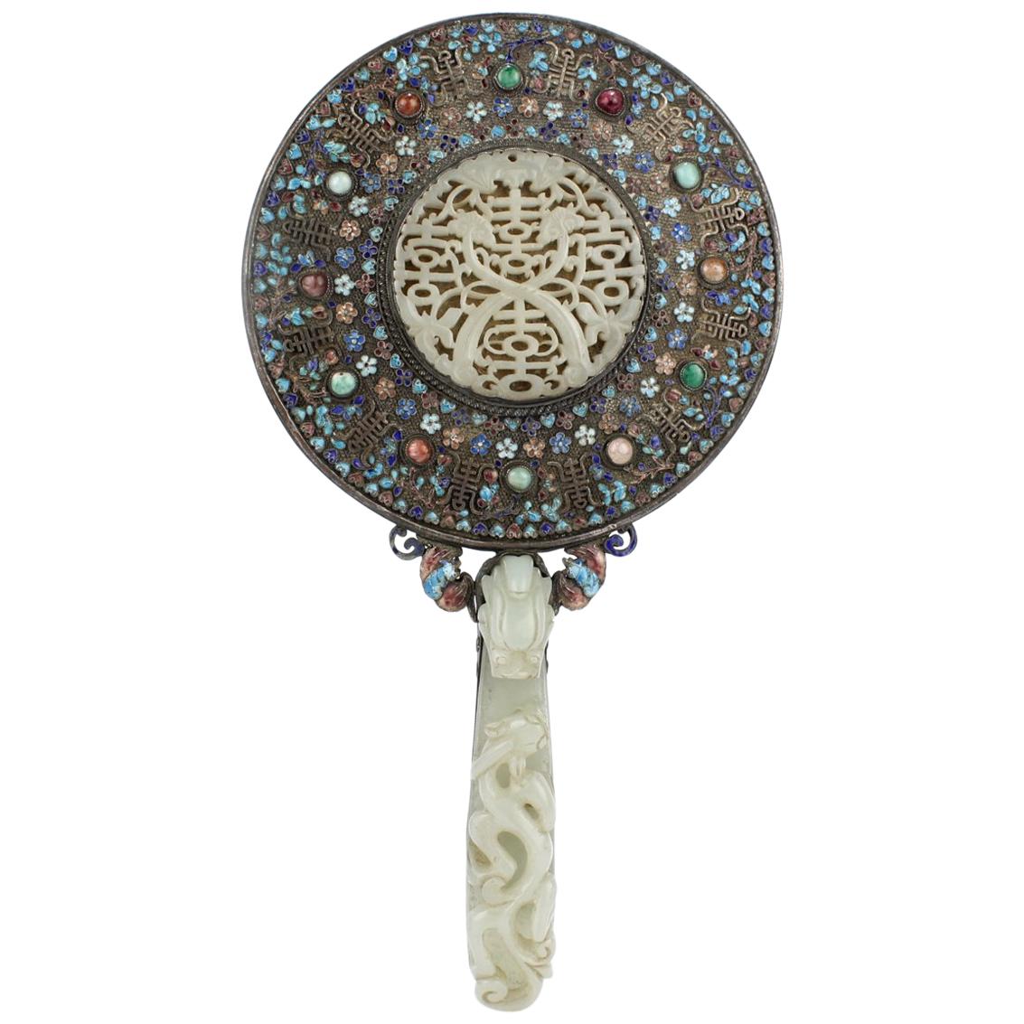 Antique 19th Century Chinese Silver Enamel and Jade Hand Mirror