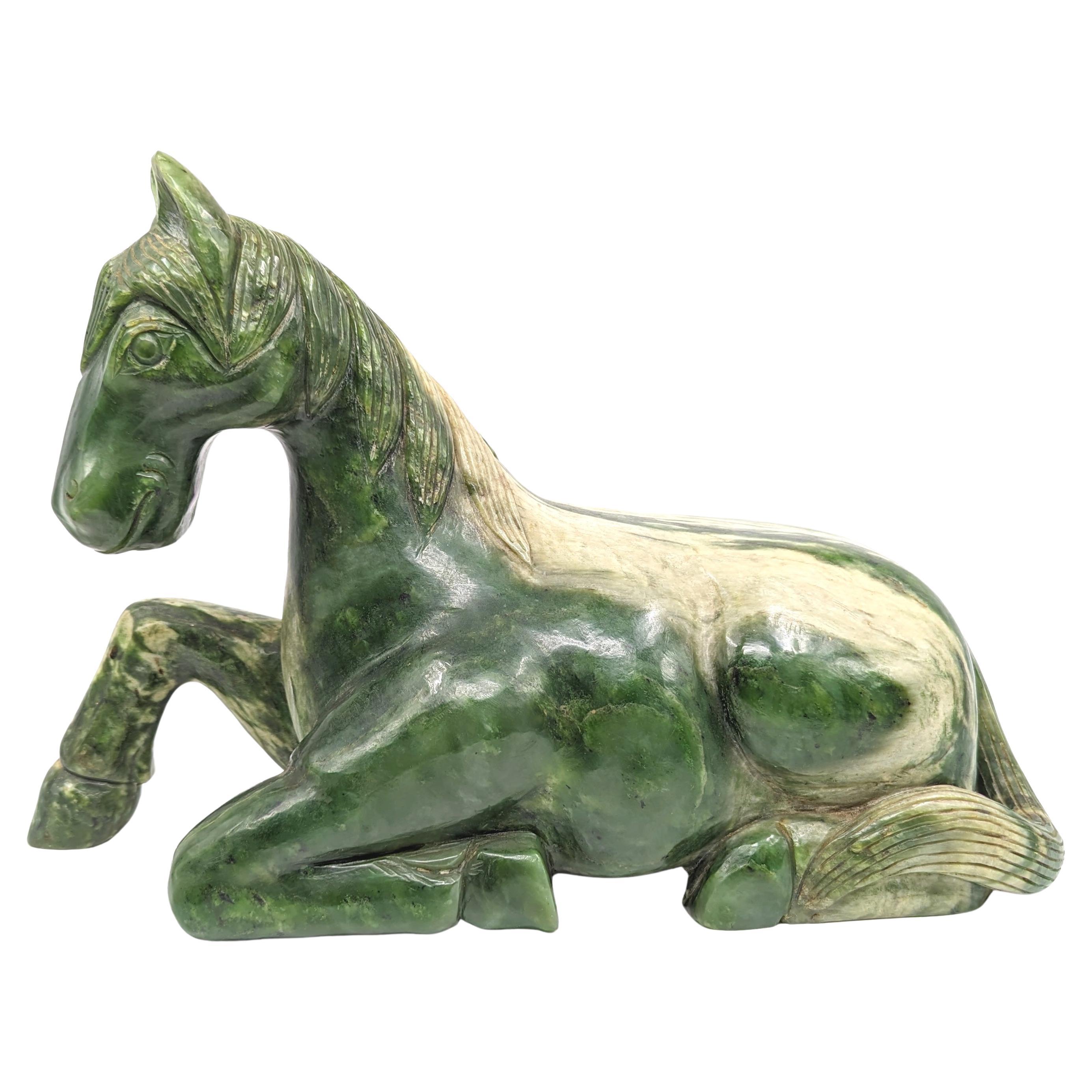 Qing Monumental Chinese Spinach Jade Recumbent Tang Horse Rocky Variations 20th Cent. For Sale