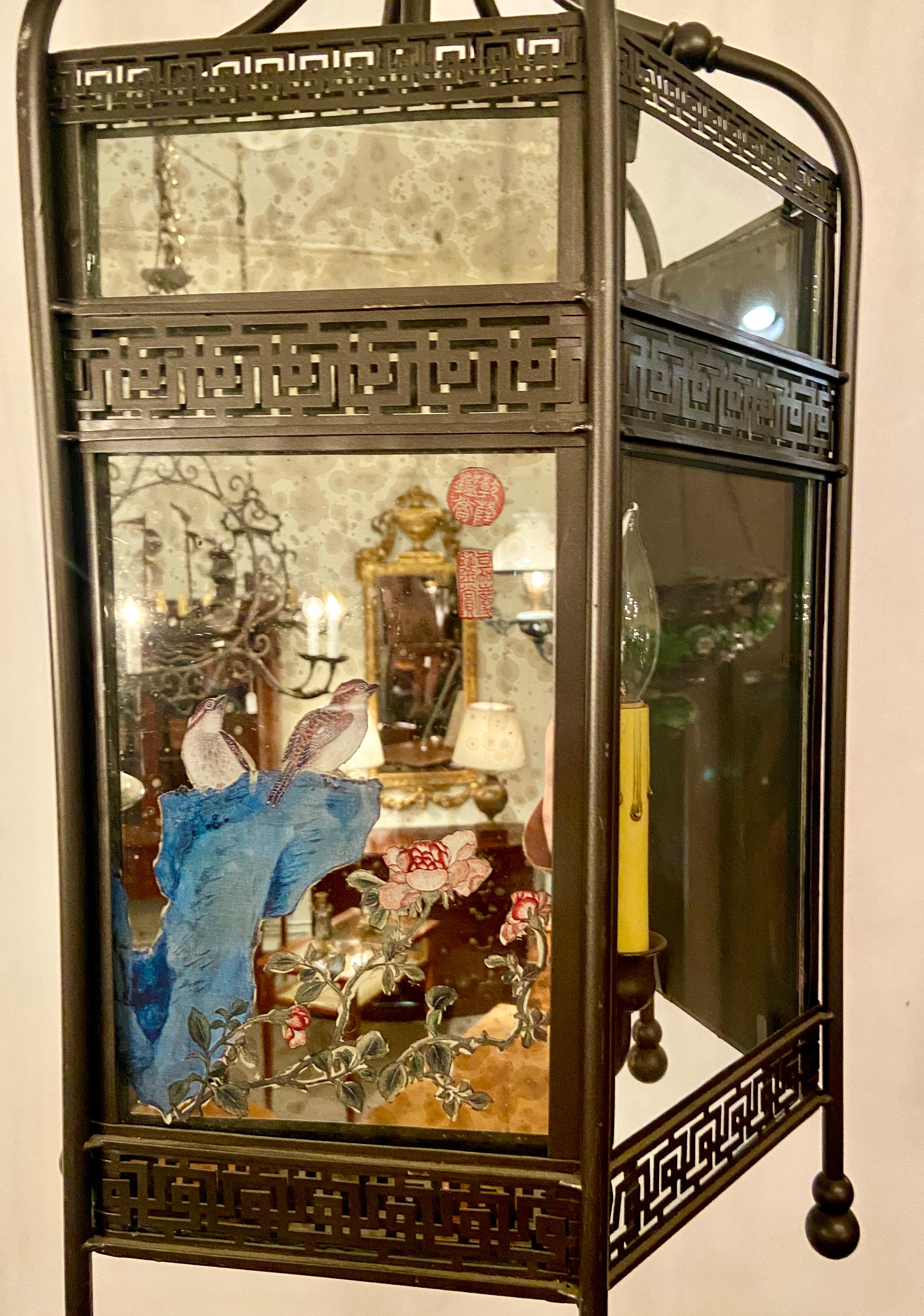 Antique 19th century English Chinoiserie bronze lantern with painted mirror and glass.