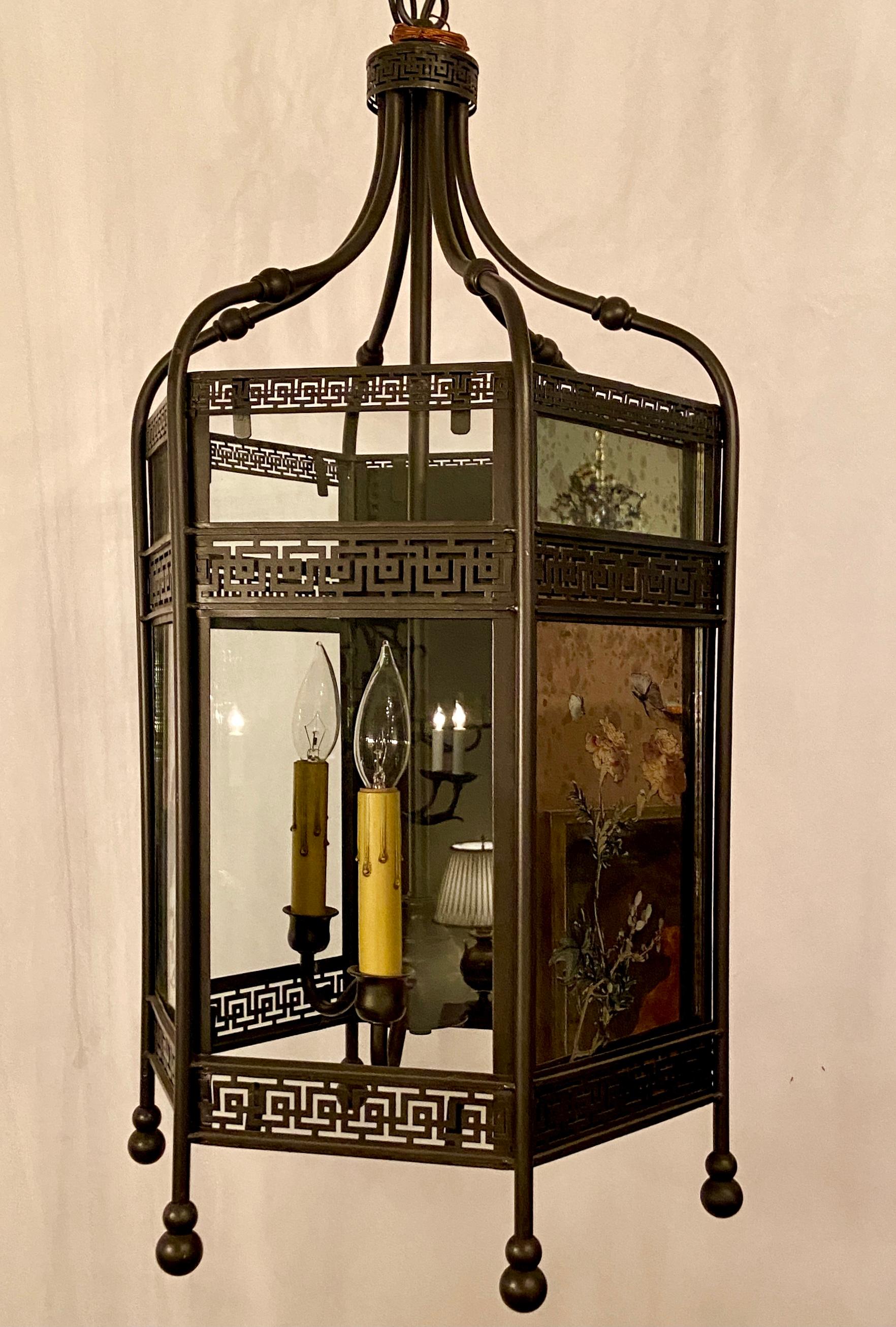 English Antique 19th Century Chinoiserie Bronze Lantern with Painted Mirror and Glass For Sale