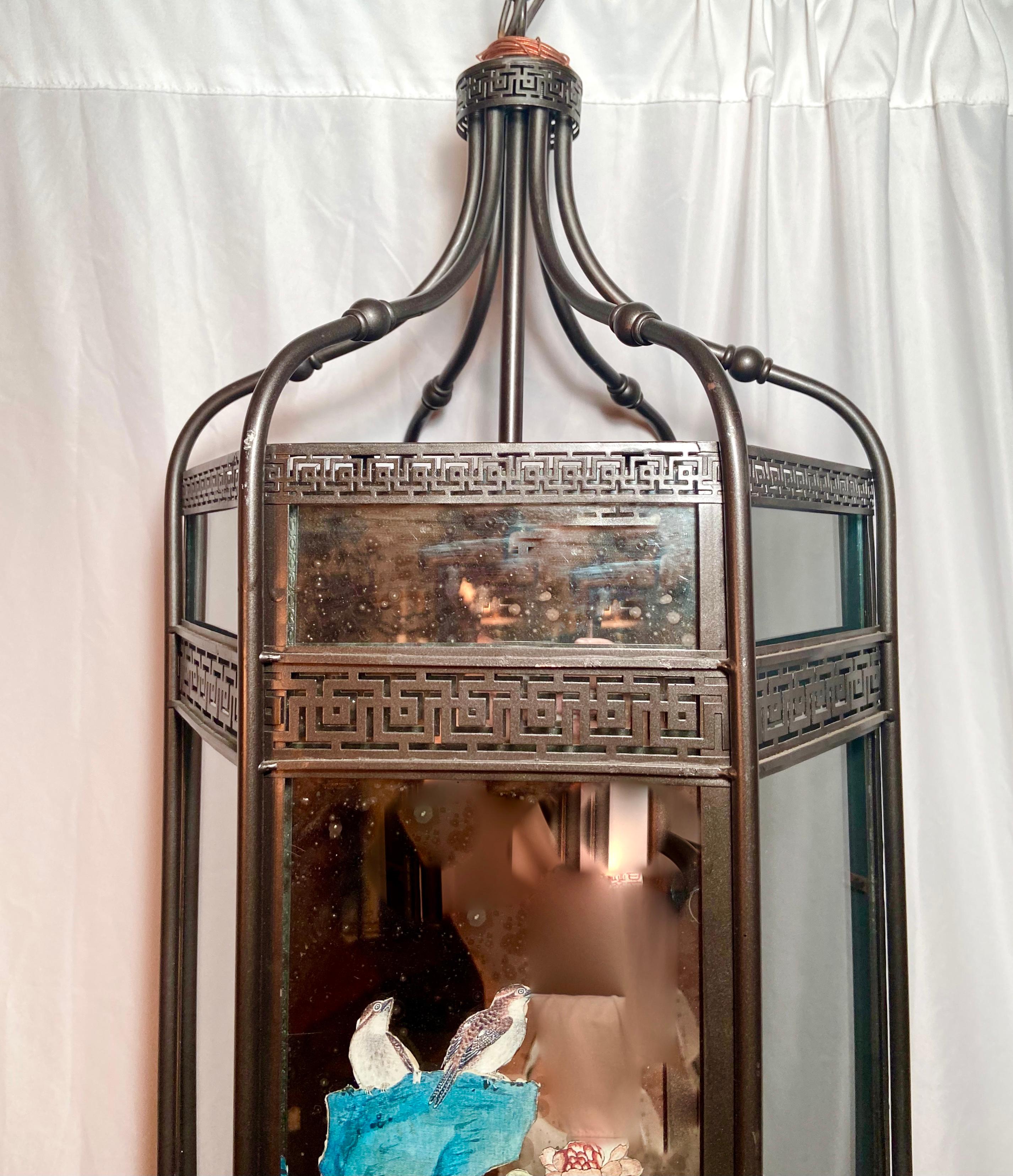 Antique 19th Century Chinoiserie Bronze Lantern with Painted Mirror and Glass In Good Condition For Sale In New Orleans, LA