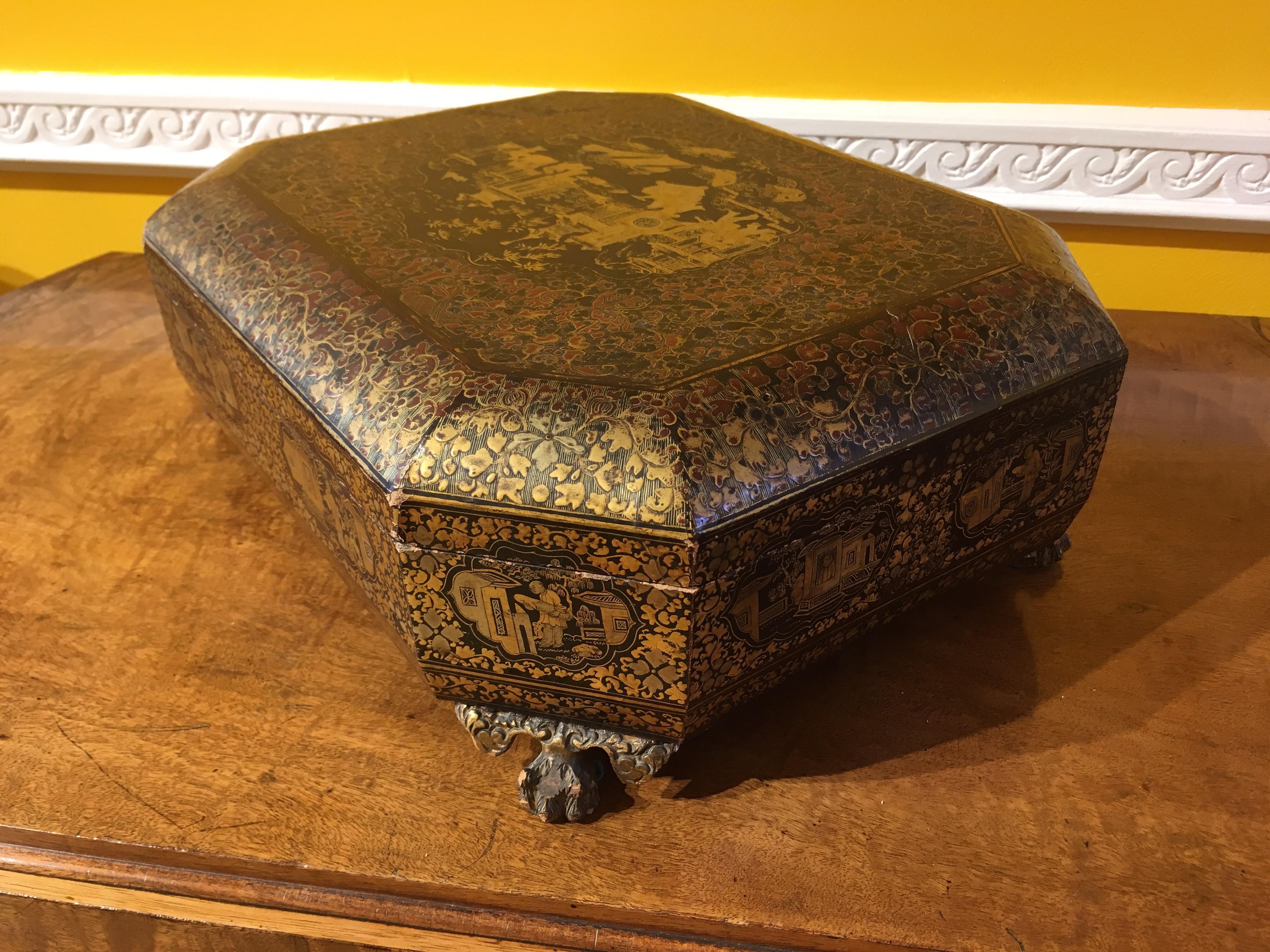 Antique 19th Century Chinoiserie Lacquer Jewelry Box 7