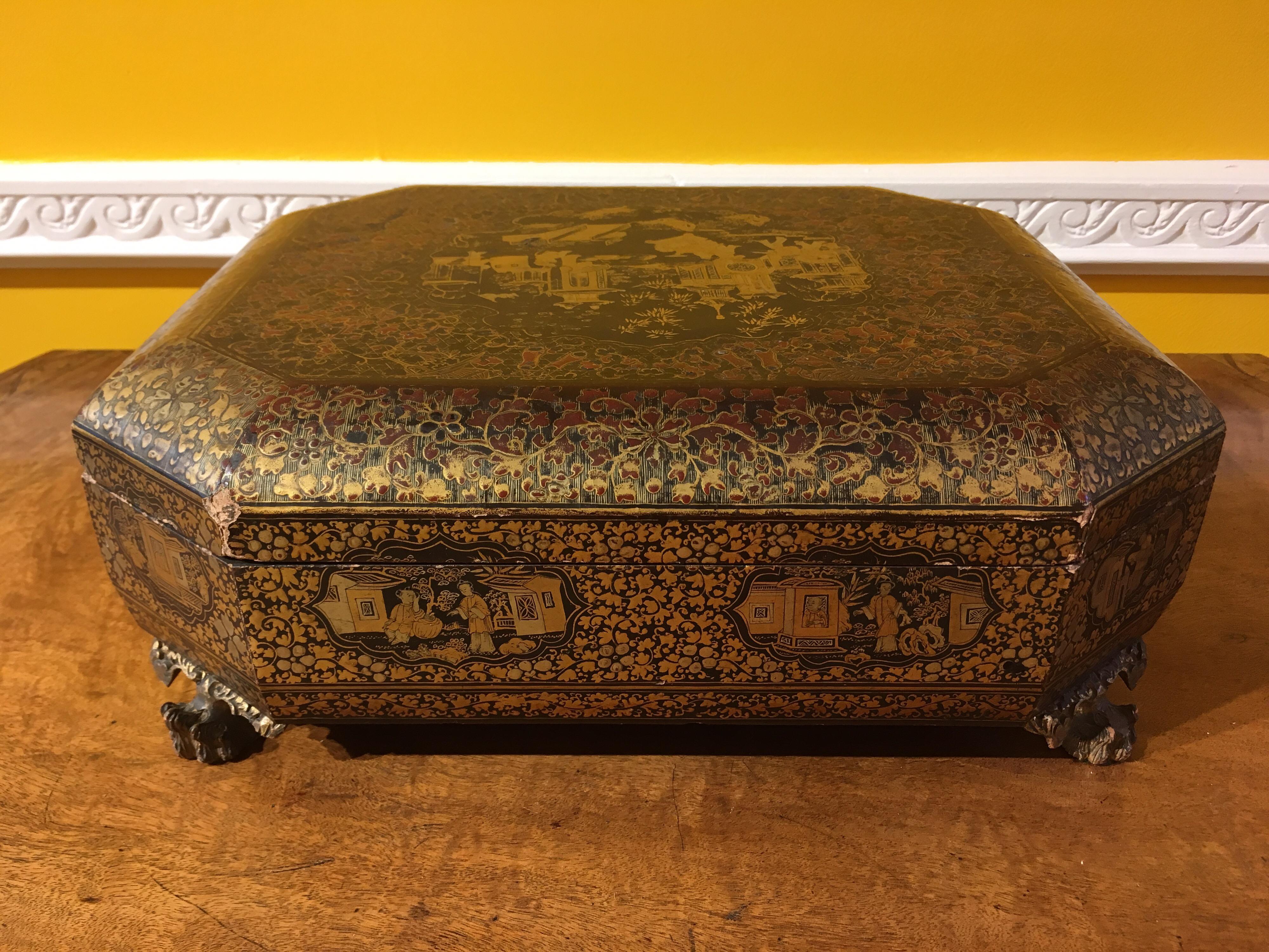 Antique 19th Century Chinoiserie Lacquer Jewelry Box 8