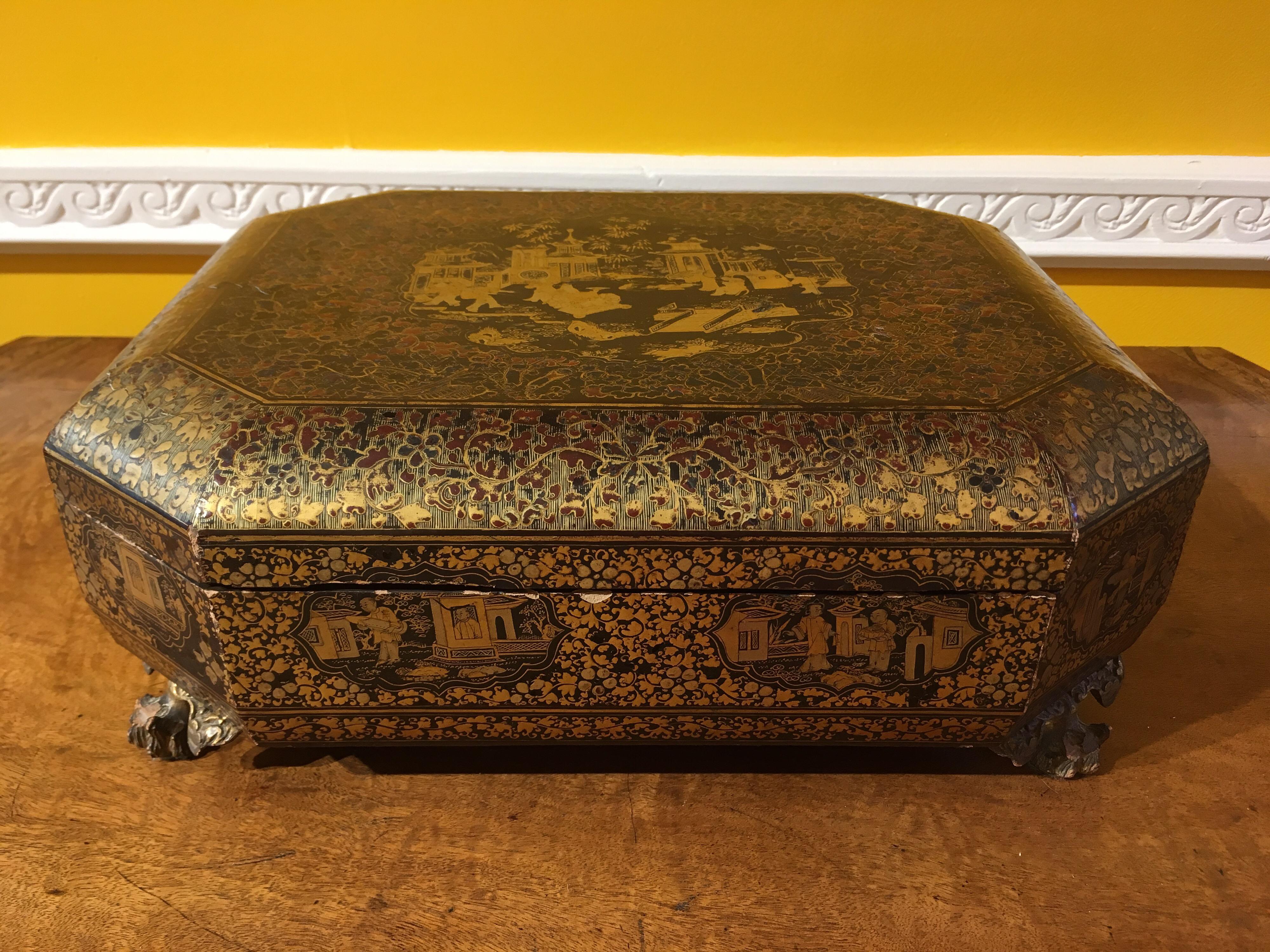 Antique 19th Century Chinoiserie Lacquer Jewelry Box 9