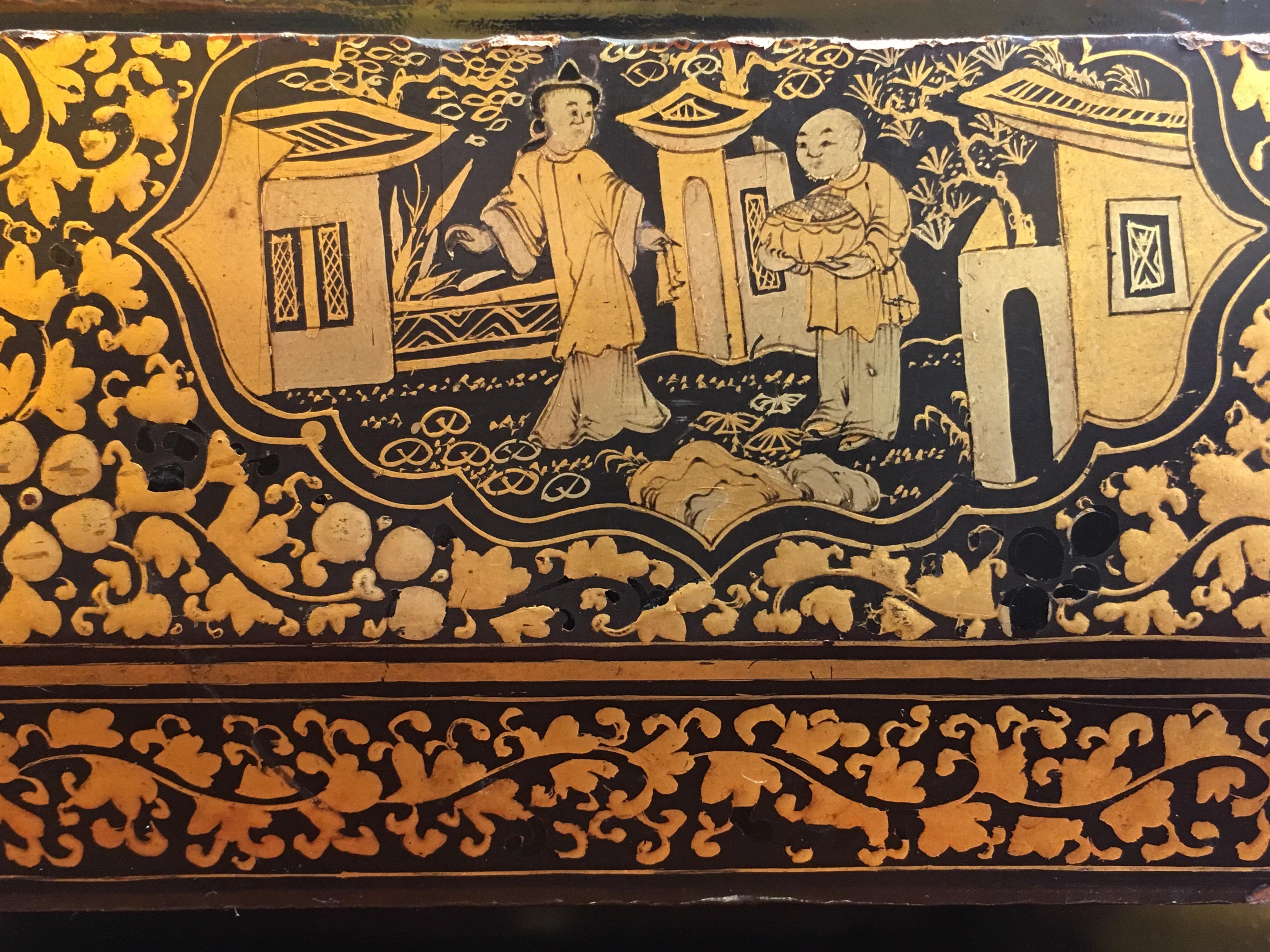 Polychromed Antique 19th Century Chinoiserie Lacquer Jewelry Box