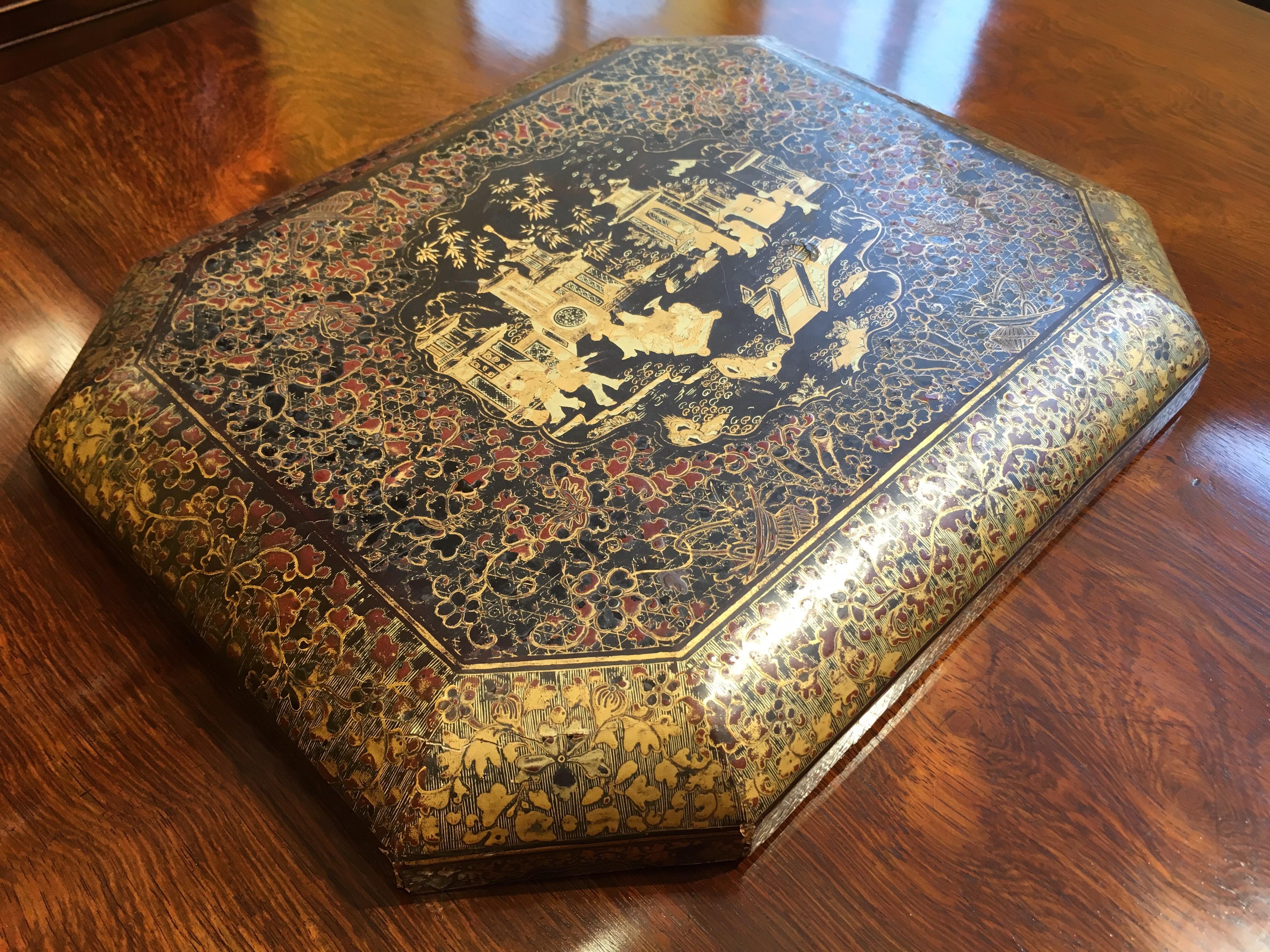 Antique 19th Century Chinoiserie Lacquer Jewelry Box 3