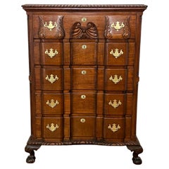 Antique 19th Century Chippendale Block Front Five Drawer Chest in Solid Mahogany