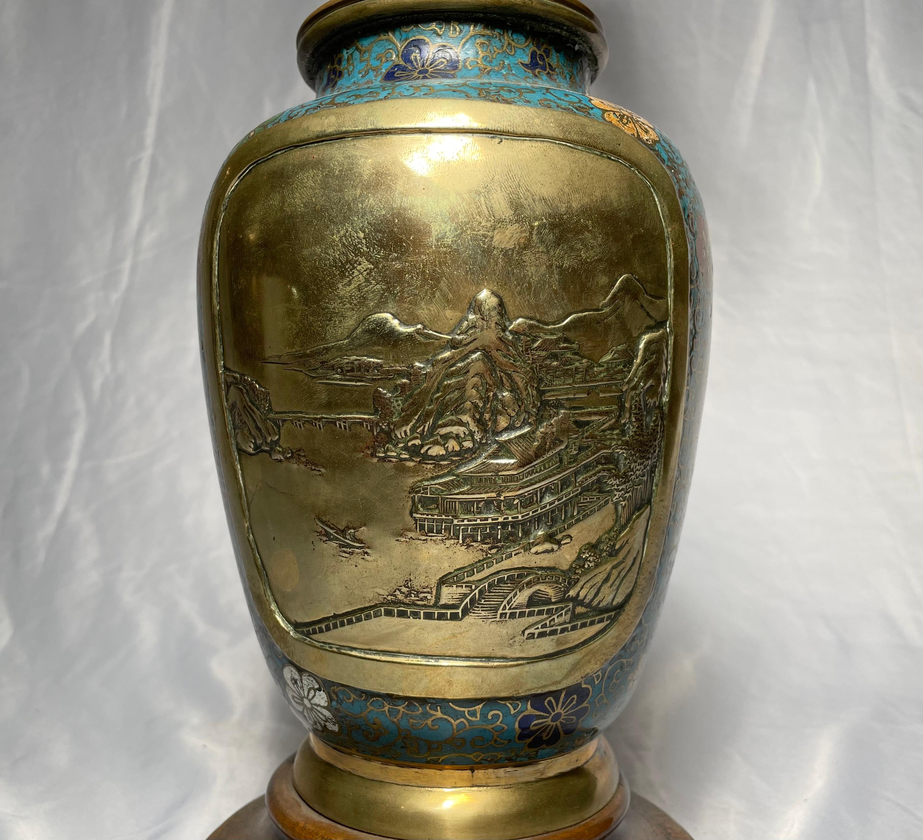 Chinese Antique 19th Century Cloisonné Urn Made Into Lamp For Sale