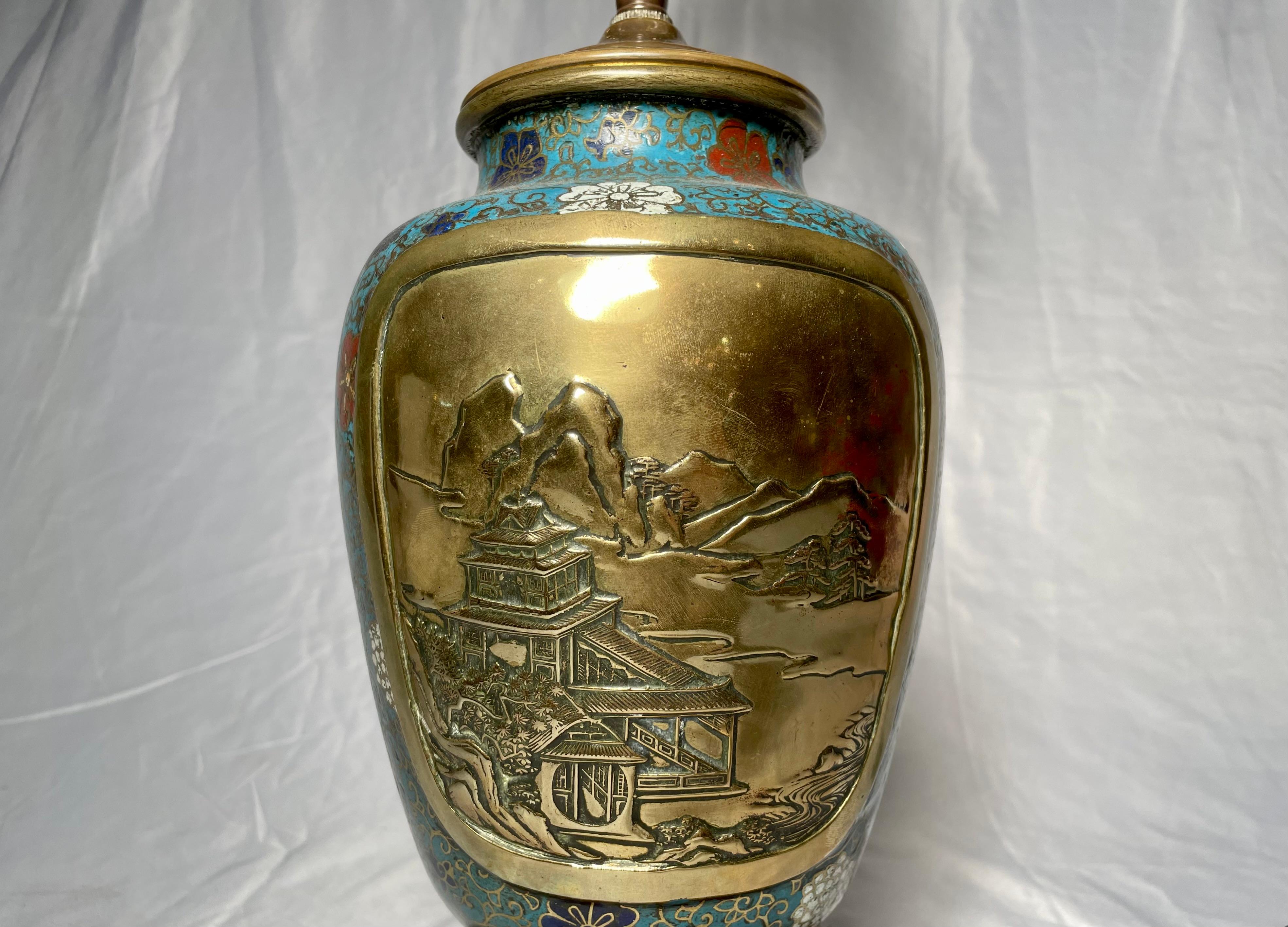 Cloissoné Antique 19th Century Cloisonné Urn Made Into Lamp For Sale