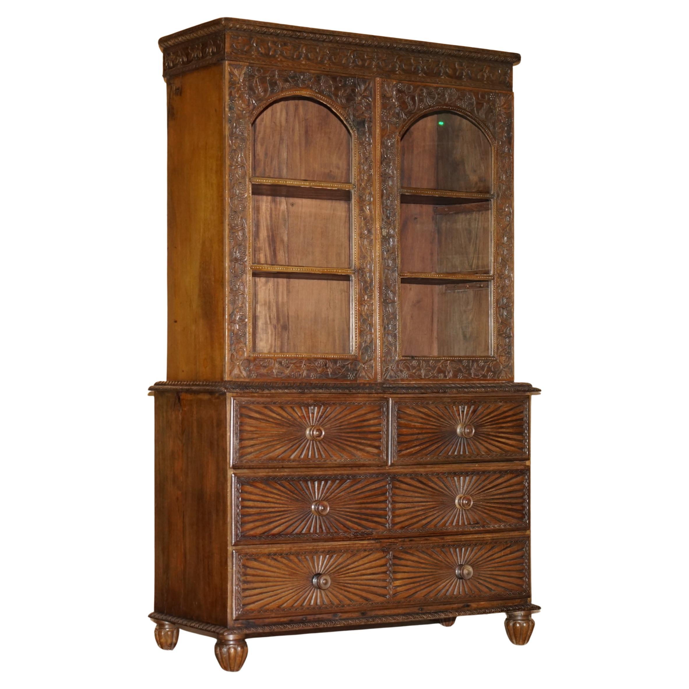 ANTIQUE 19TH CENTURY COLONIAL ANGLO INDIAN HARDWOOD BOOKCASE ON CHEST OF DRAWERs