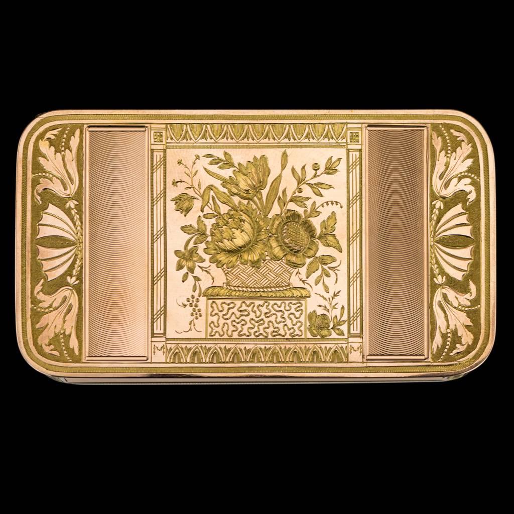 Antique early-19th century continental 18-karat (750 standard) two-color gold snuff box, of rectangular form with rounded corners, the hinged covers beautifully engraved with floral and engine turned reeding decoration and acanthus leave boarders.