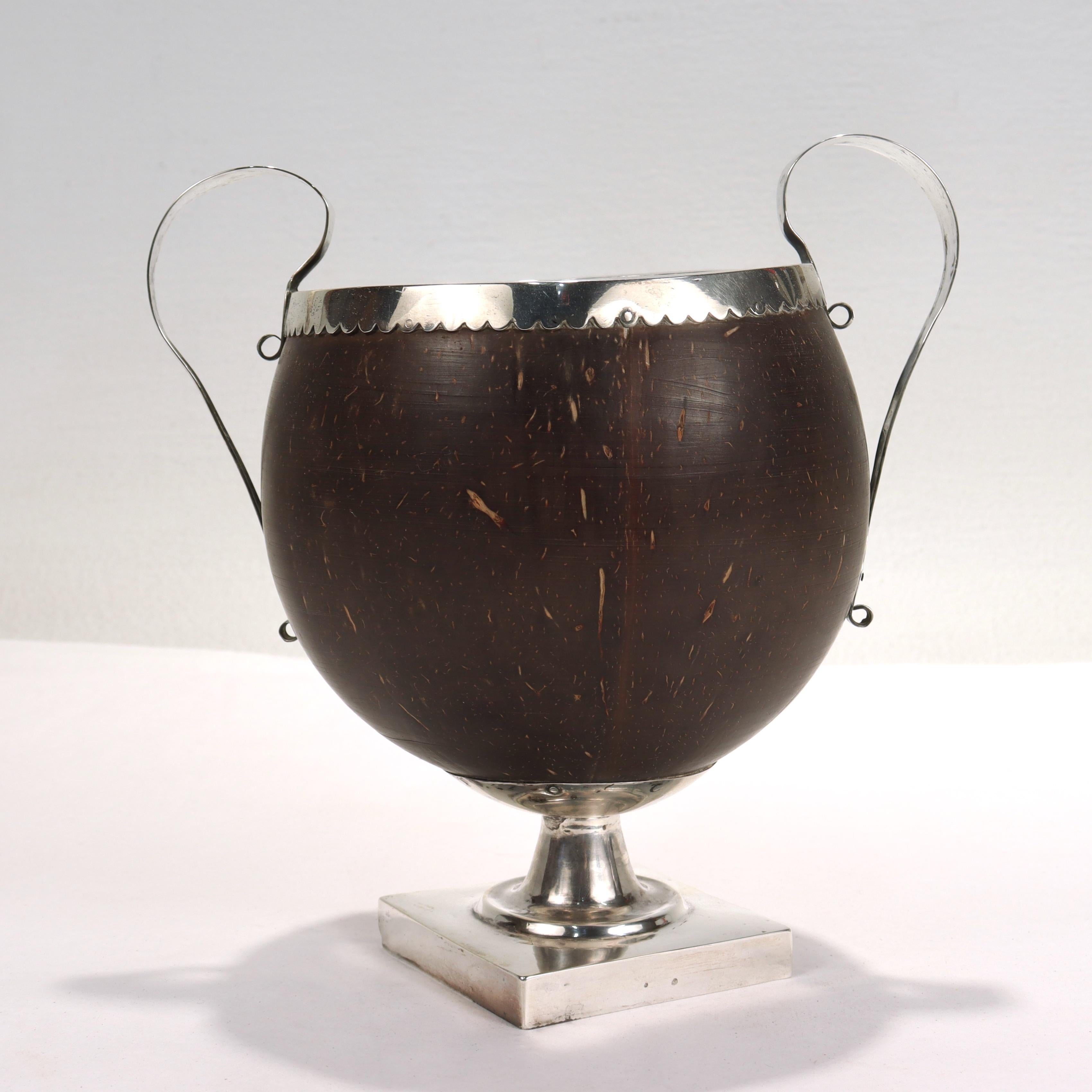 Anglo-Indian Antique 19th Century Continental Coconut Shell & Silver Handled Cup or Vase