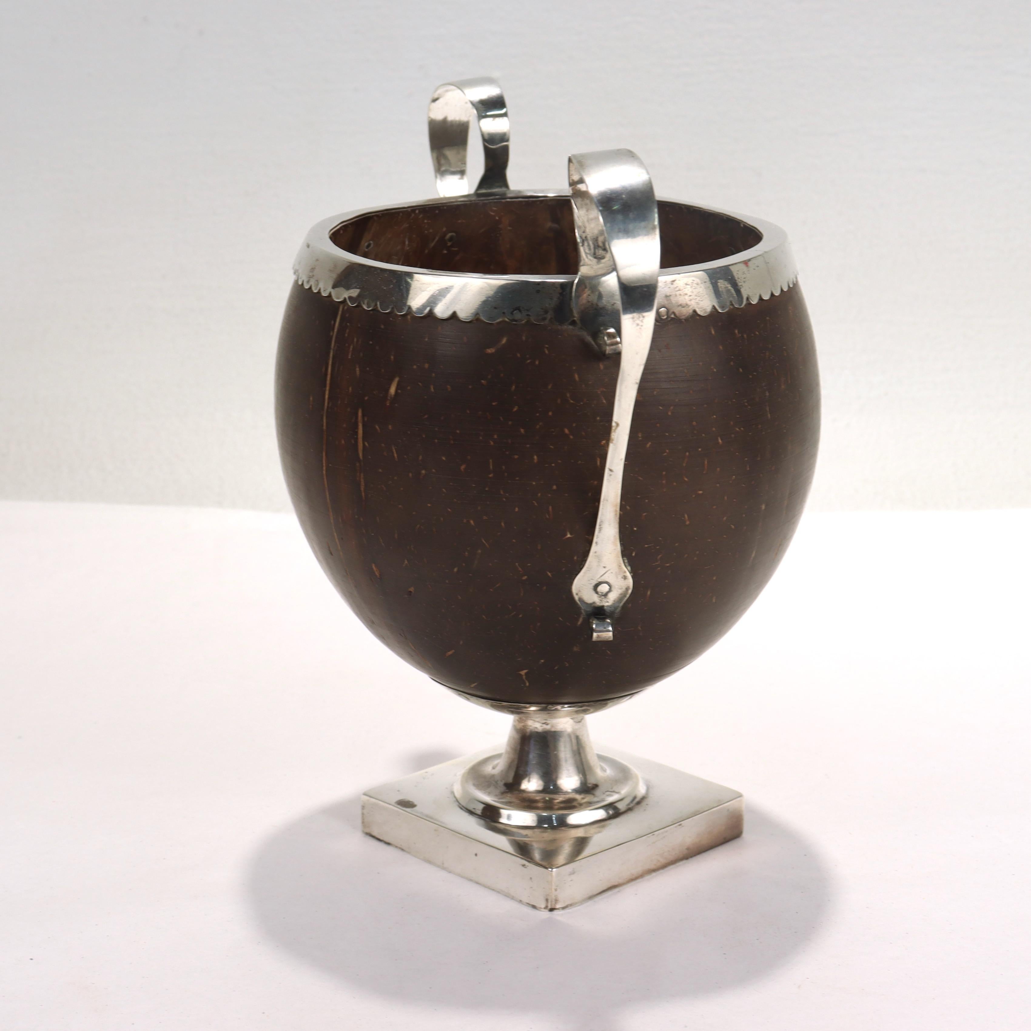 Antique 19th Century Continental Coconut Shell & Silver Handled Cup or Vase In Good Condition In Philadelphia, PA