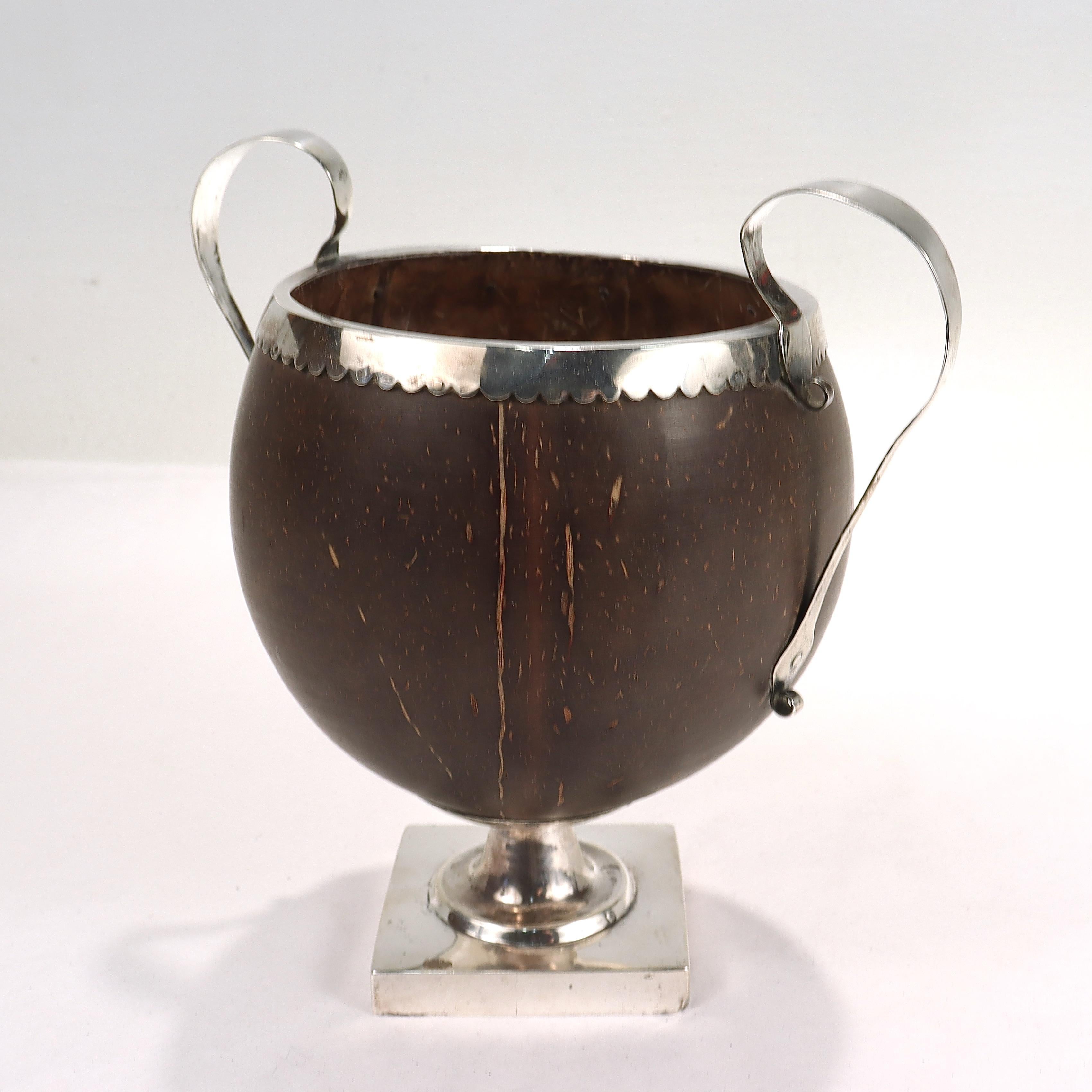 Women's or Men's Antique 19th Century Continental Coconut Shell & Silver Handled Cup or Vase