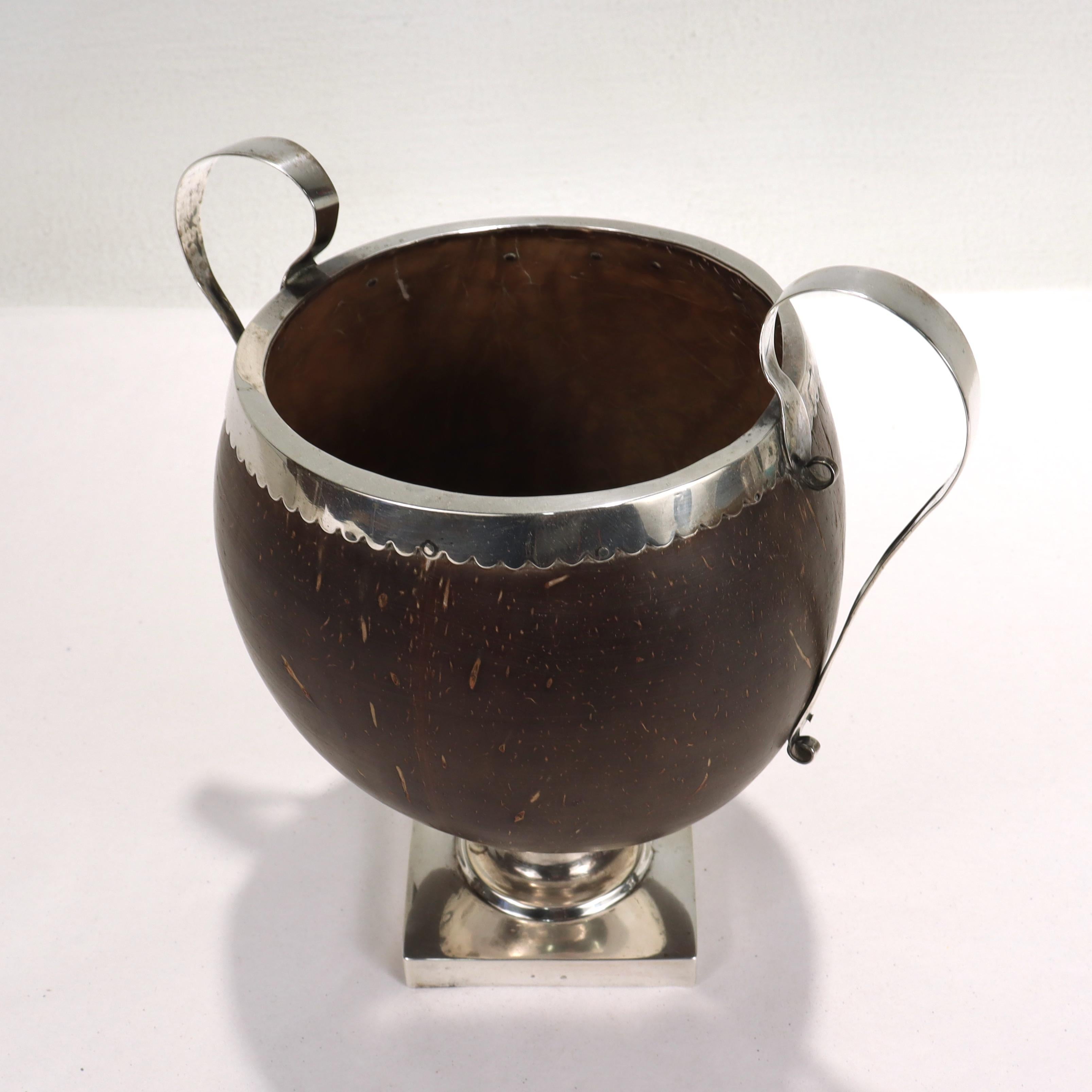 Antique 19th Century Continental Coconut Shell & Silver Handled Cup or Vase 1