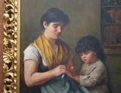 Antique 19th Century Continental School Portrait of Mother & Child Gilded Frame