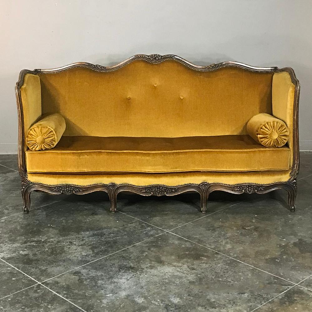 Hand-Carved Antique 19th Century Country French Walnut Louis XV Mohair Sofa