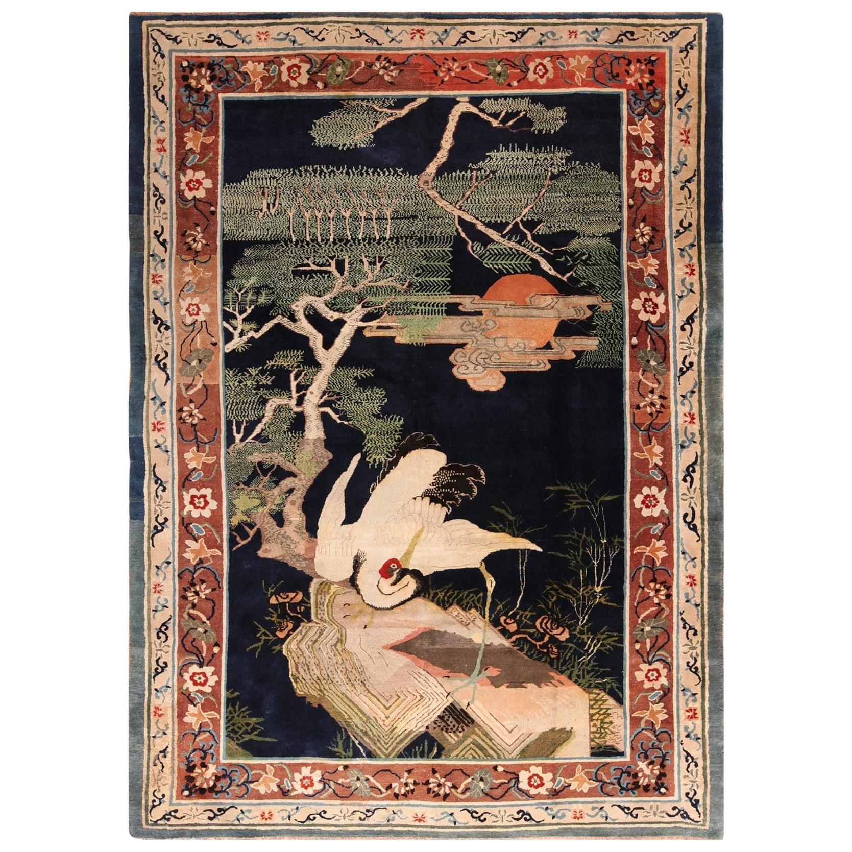 Antique 19th Century Crane Bird Landscape Chinese Carpet. Size: 8' x 11' 5"