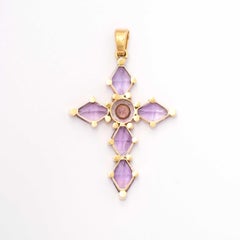 Antique 19th Century Cross Pendant in 18ct Gold Amethyst Natural Pearls, France