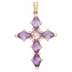 Antique 19th Century Cross Pendant in 18ct Gold Amethyst Natural Pearls, France