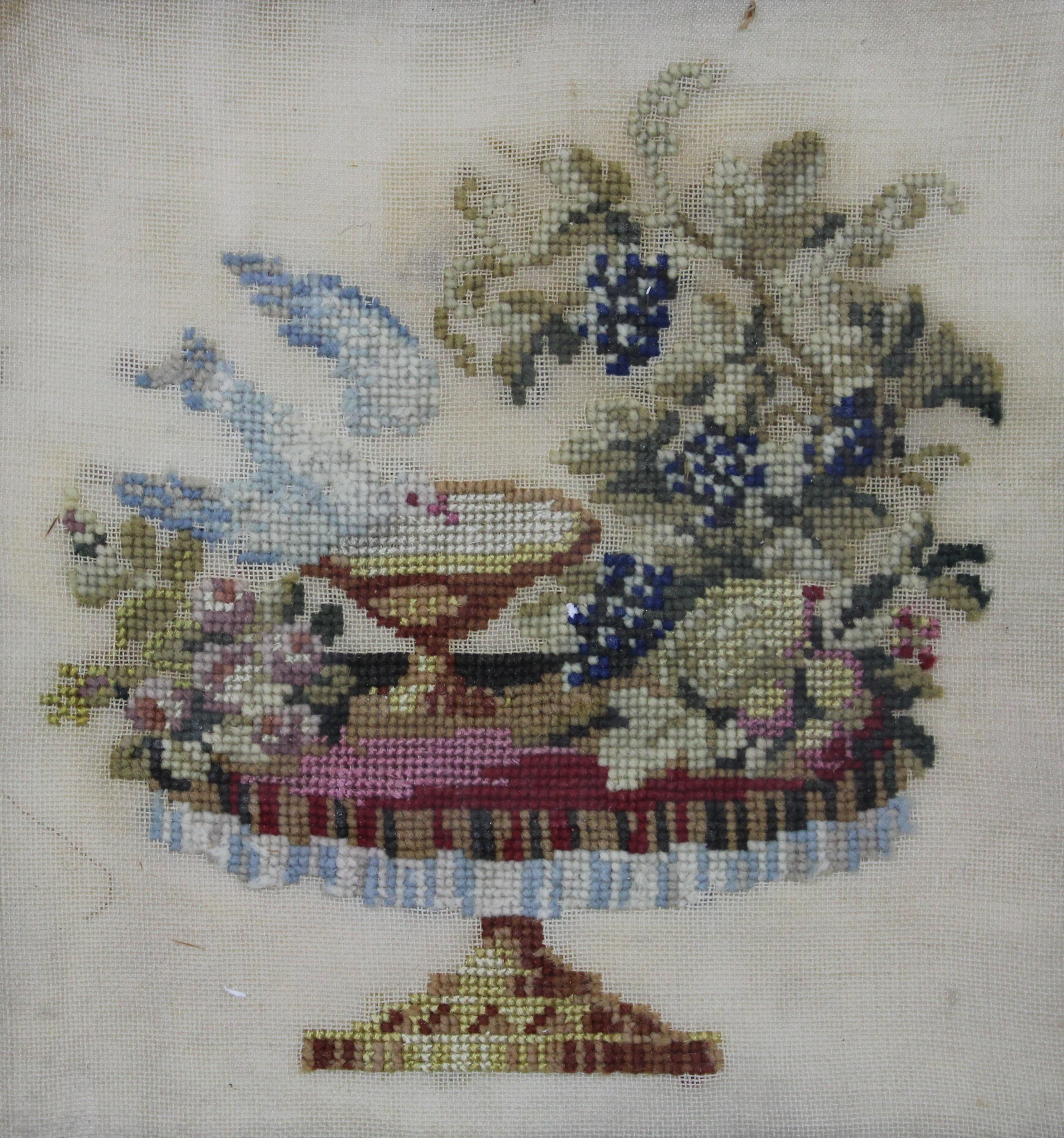 Wool Antique 19th Century Cross Stitch Embroidery Sampler Table Grapes Dove