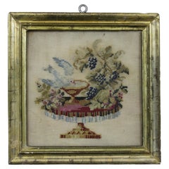 Antique 19th Century Cross Stitch Embroidery Sampler Table Grapes Dove