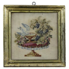 Antique 19th Century Cross Stitch Embroidery Sampler Table Grapes Dove