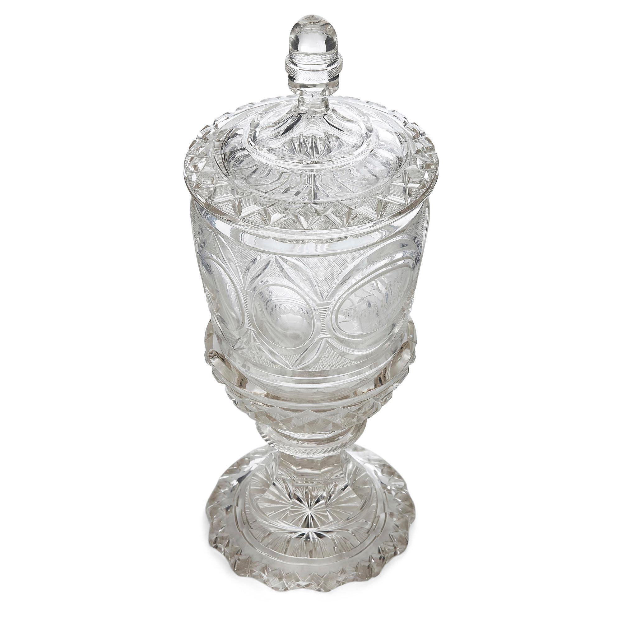 Antique 19th century cut and engraved Bohemian glass goblet
Bohemian, 1833
Dimensions: Height 34cm, diameter 13cm

Crafted from cut and engraved Bohemian glass, this goblet was originally given as a token of thanks and appreciation in 1833. This