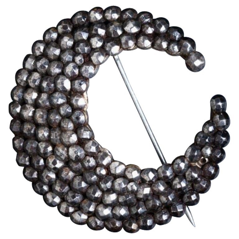 Antique 19th Century Cut Steel Crescent Moon Brooch, Antique Moon Brooch