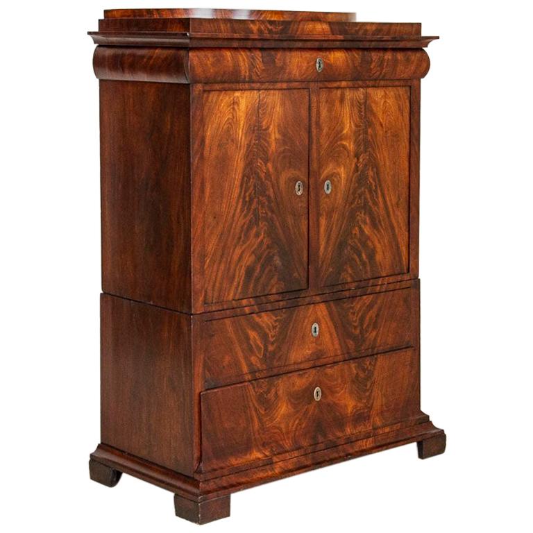 Antique 19th Century Danish 2 Door Flame Mahogany Cabinet For Sale