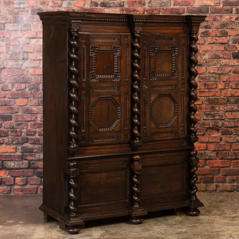 Antique Danish Baroque Armoire with Barley Twist Columns and Carved at