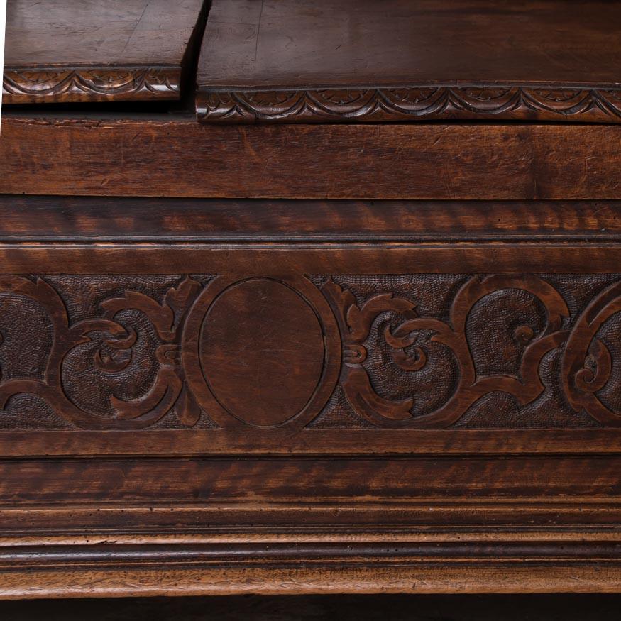 Antique 19th Century Danish Carved Walnut Storage Bench 1