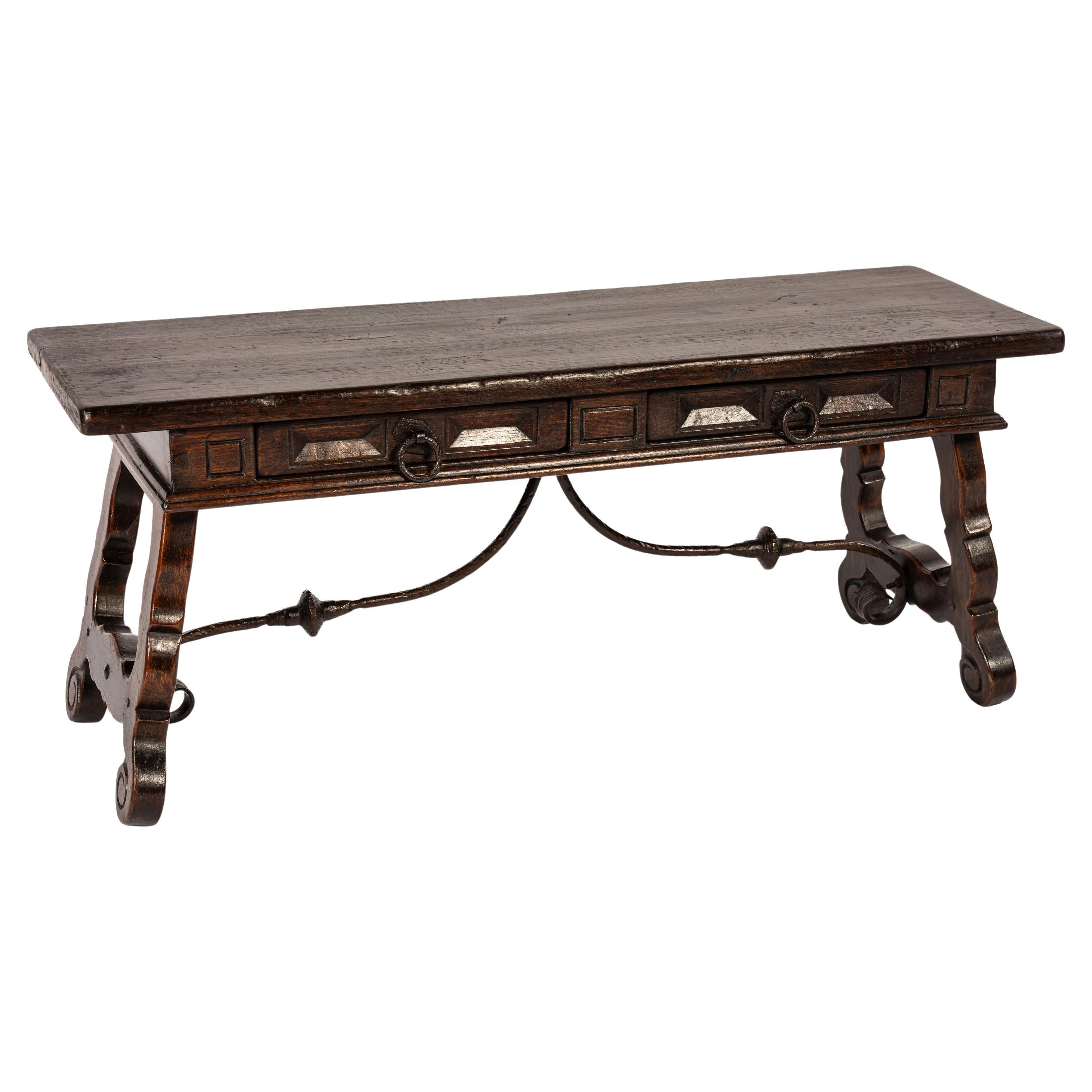 Antique 19th century dark brown chestnut Spanish Coffee Table with two drawers