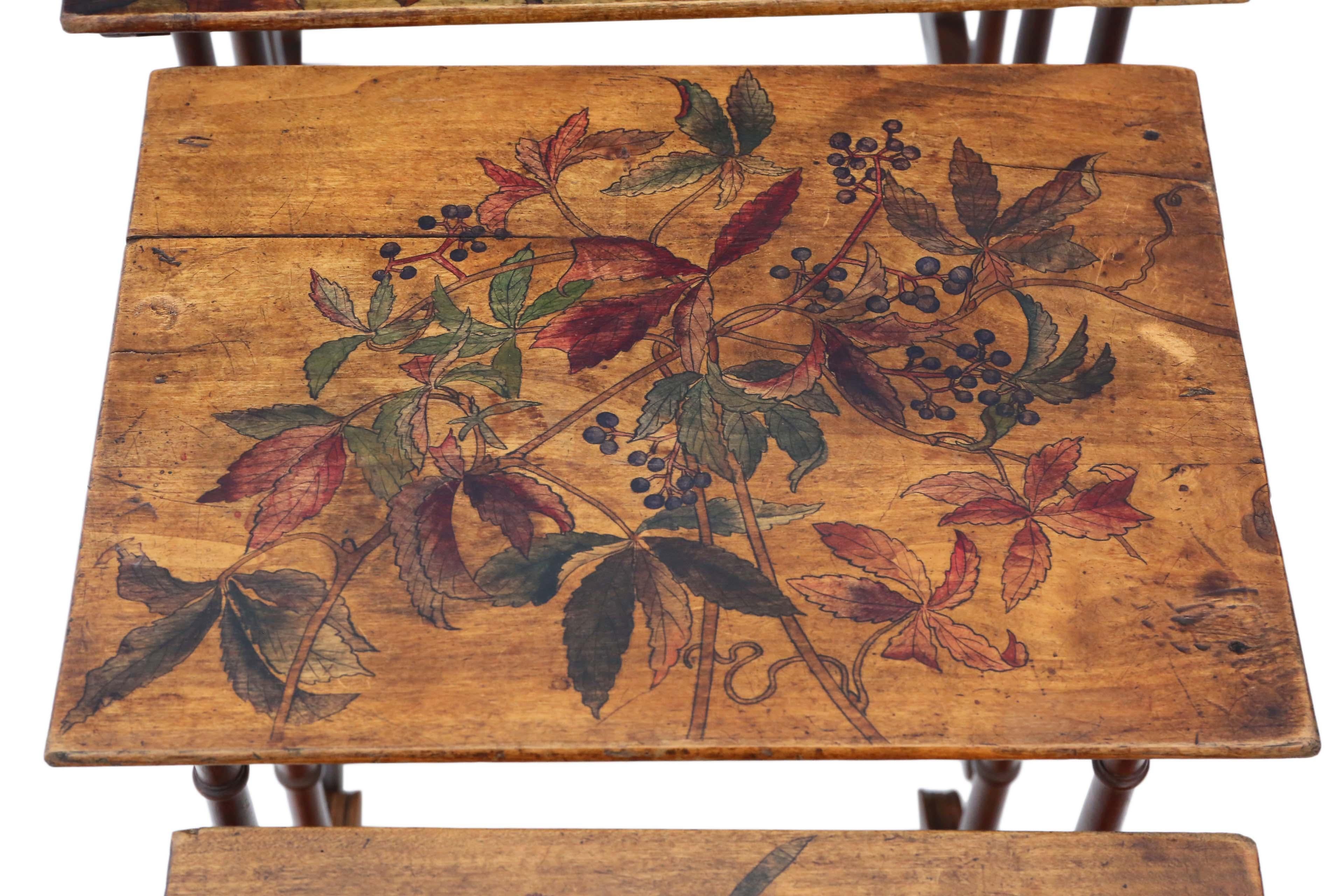 Antique 19th Century Decorated Beech Nest of 4 Side Tables Occasional 2