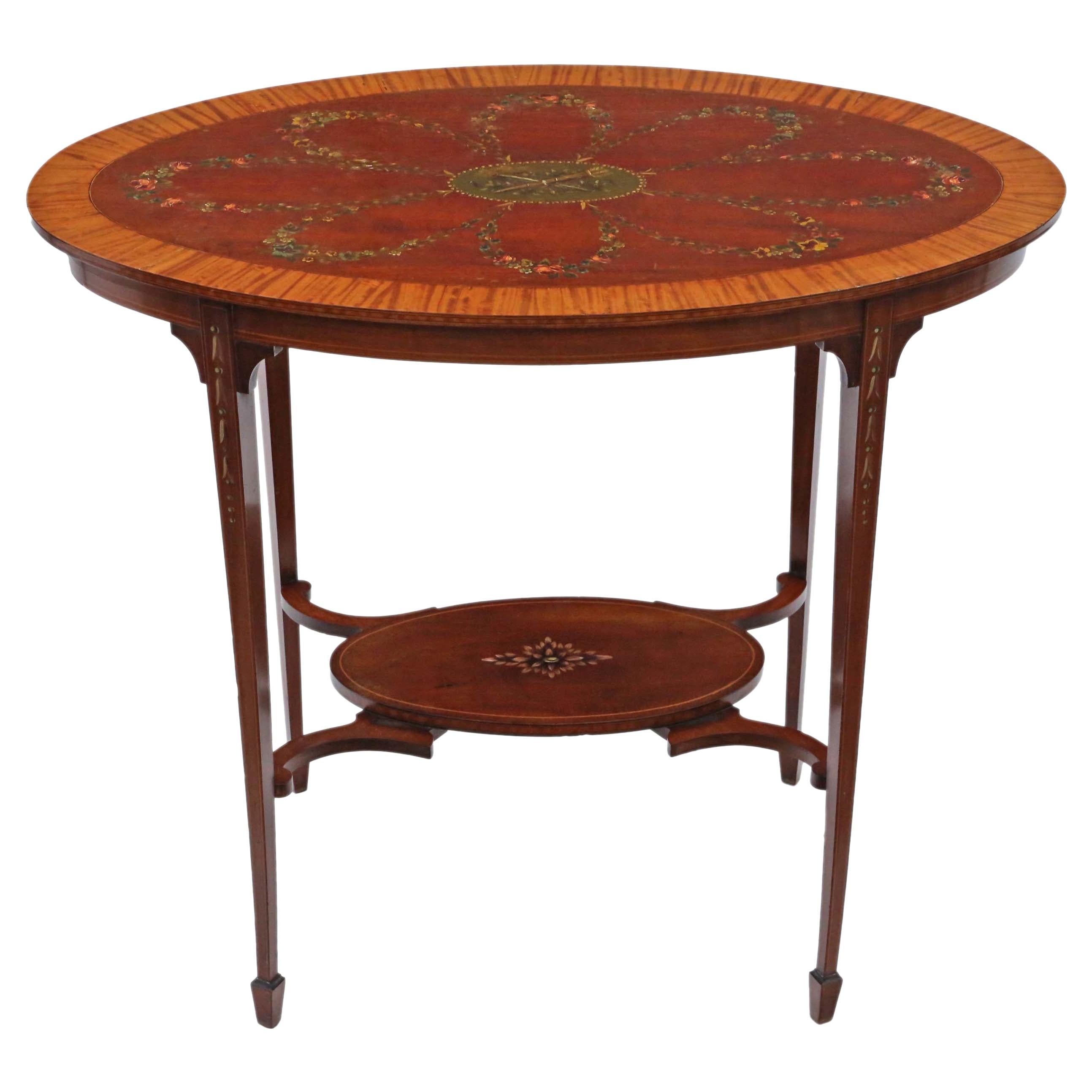 Ancienne table d'appoint en bois de satin et acajou décorée du 19ème siècle