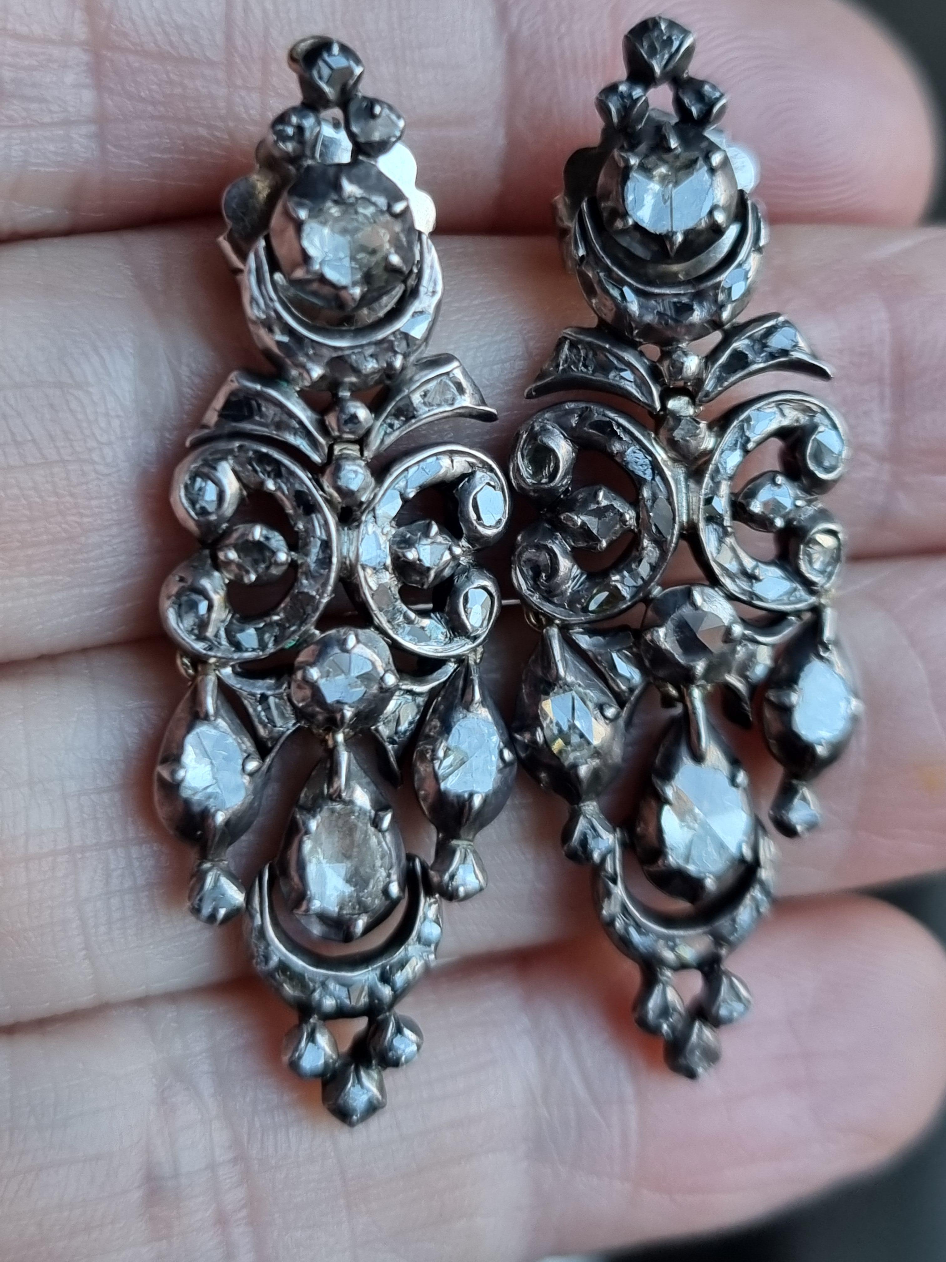 Rose Cut Antique 19th Century Diamond Chandelier Earrings. (Iberian, Georgian).