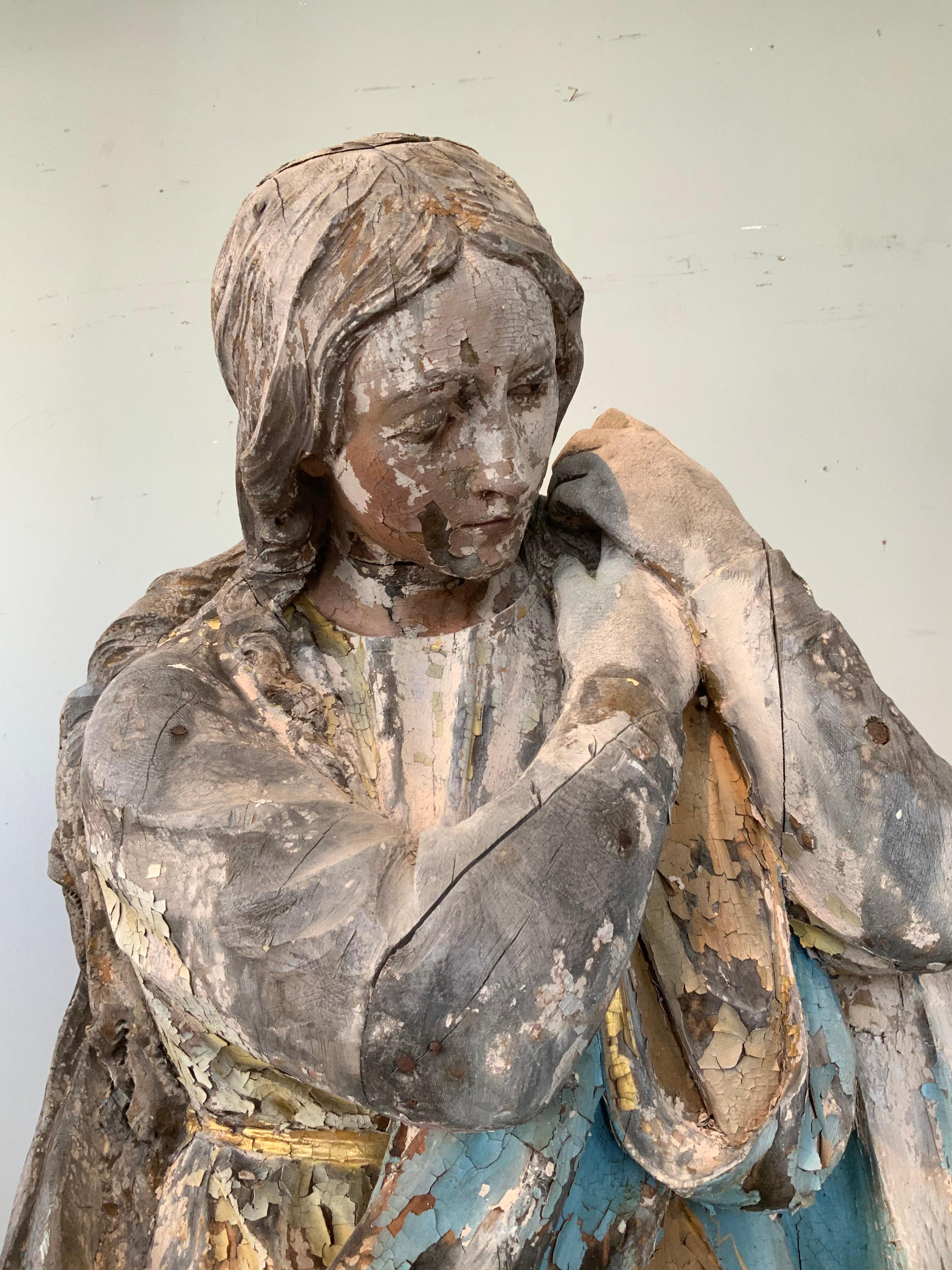 Antique 19th century Distressed Carved Wood Statue of a Saint 4
