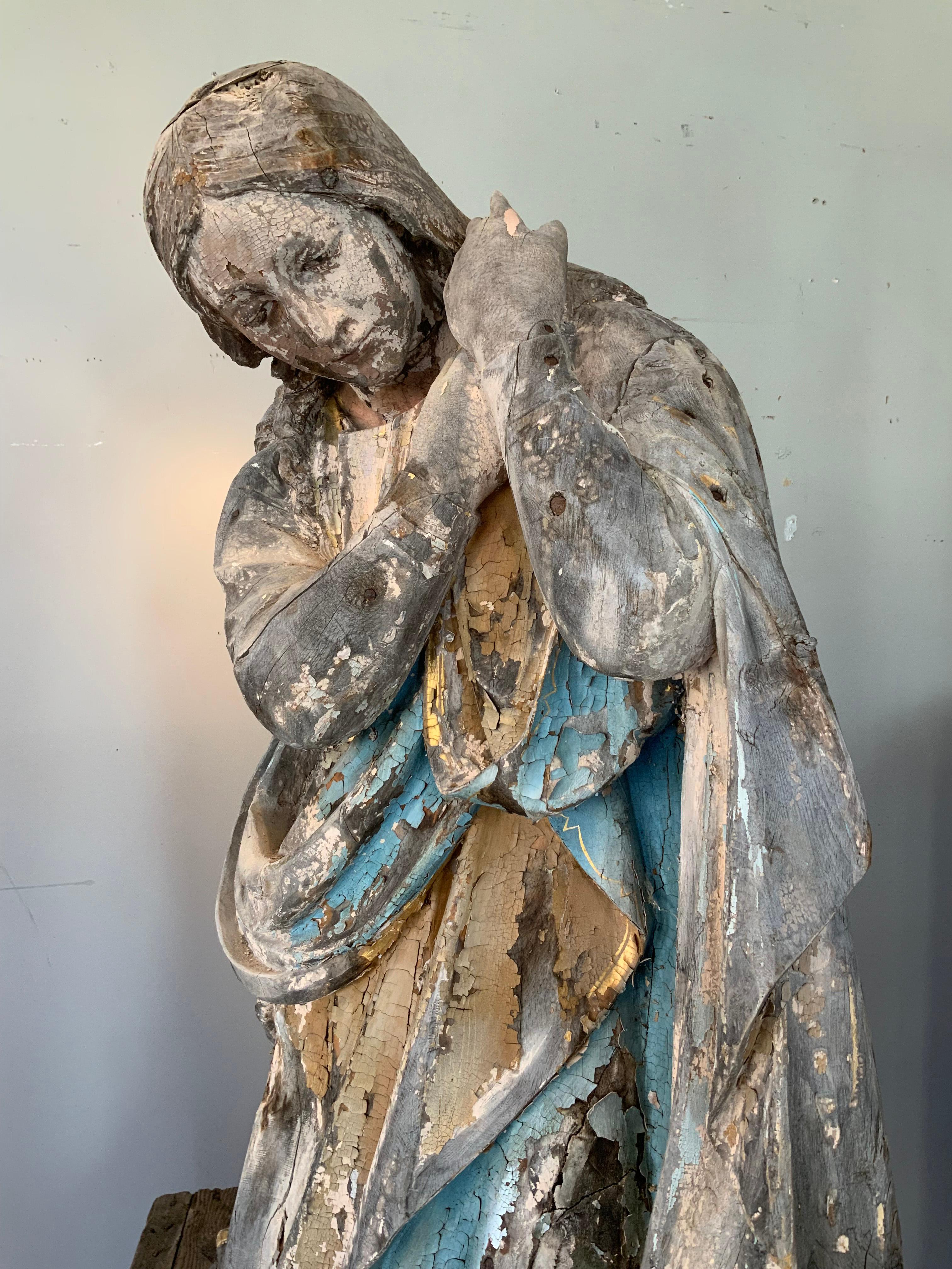 Saint Pierre and Miquelon Antique 19th century Distressed Carved Wood Statue of a Saint